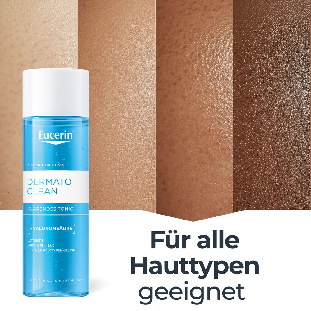 Eucerin DermatoClean Klärendes Gesichtswasser. Text: Für alle Hauttypen geeignet. Hauttypen-Beispiele.