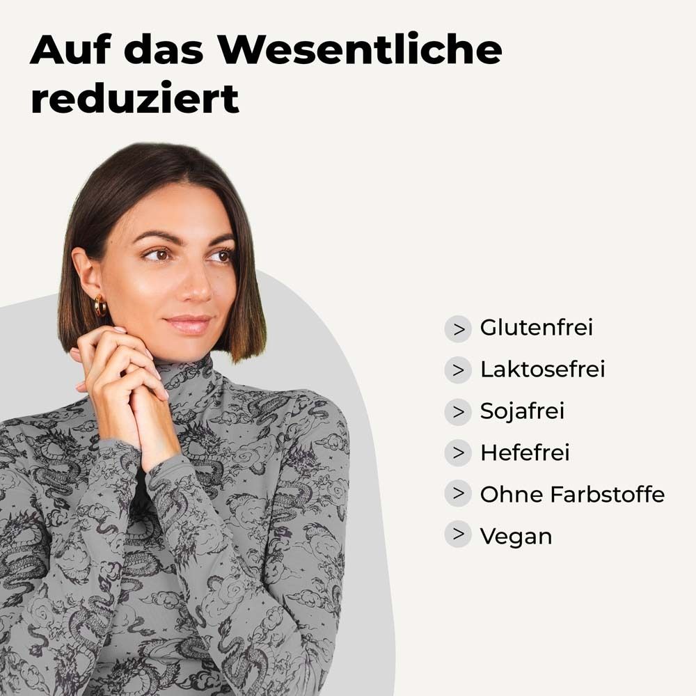 Femme avec texte : Réduit à l'essentiel. Liste : Sans gluten, sans lactose, sans soja, sans levure, sans colorants, végétalien.