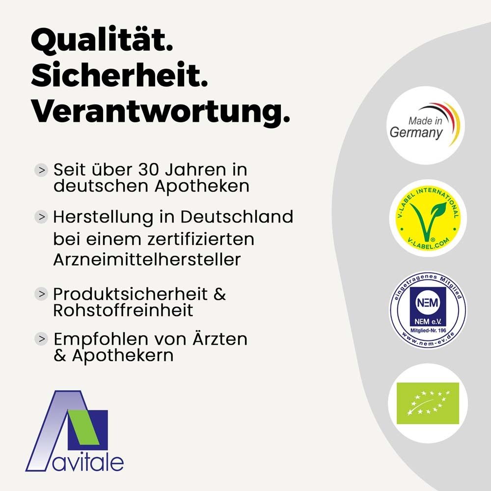 Certifications de qualité et logos. Fabriqué en Allemagne, V-Label, NEM, label bio. Texte : Recommandé par les médecins et les pharmaciens.