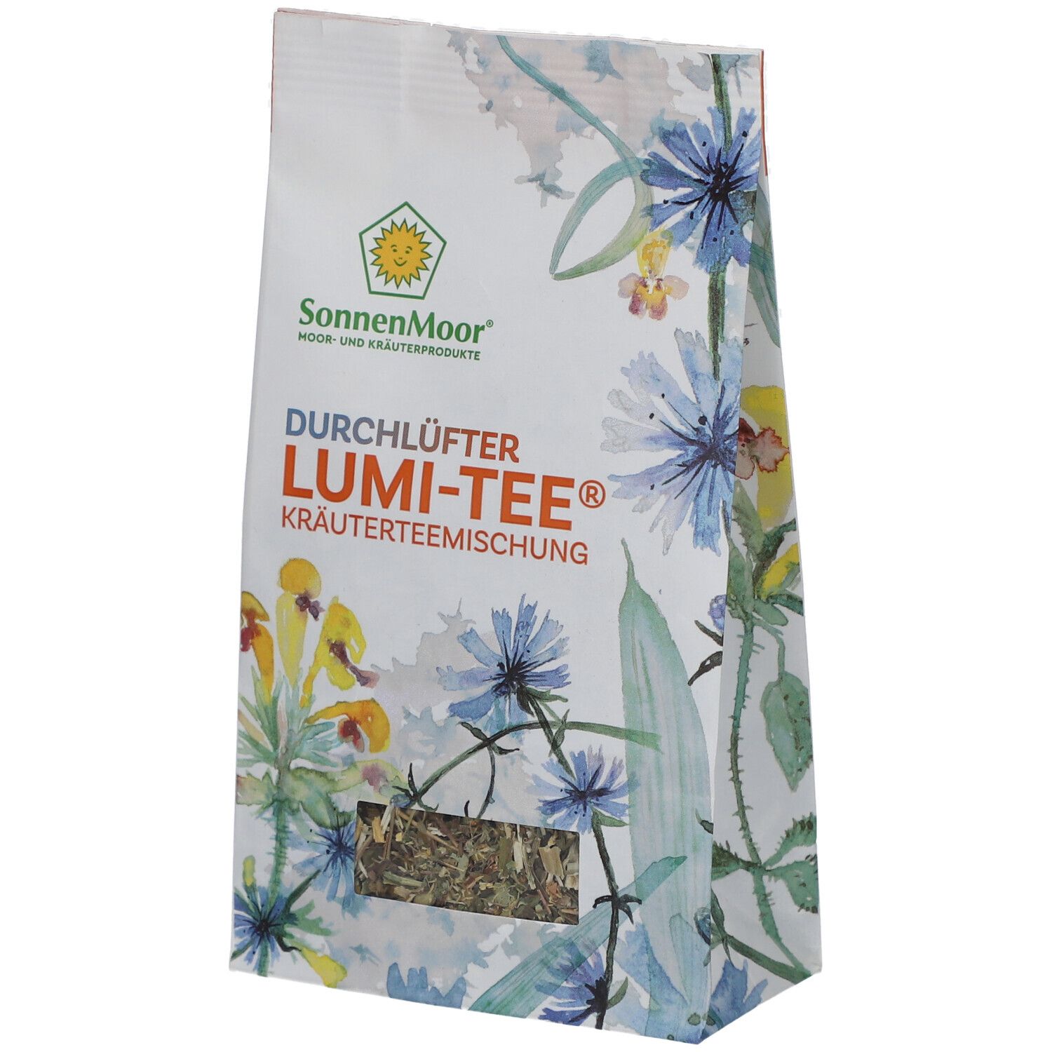 Beutel mit Kräuterteemischung. Sichtfenster zeigt Kräuter. Logo SonnenMoor. Aufschrift: LUMI-TEE® Kräuterteemischung.