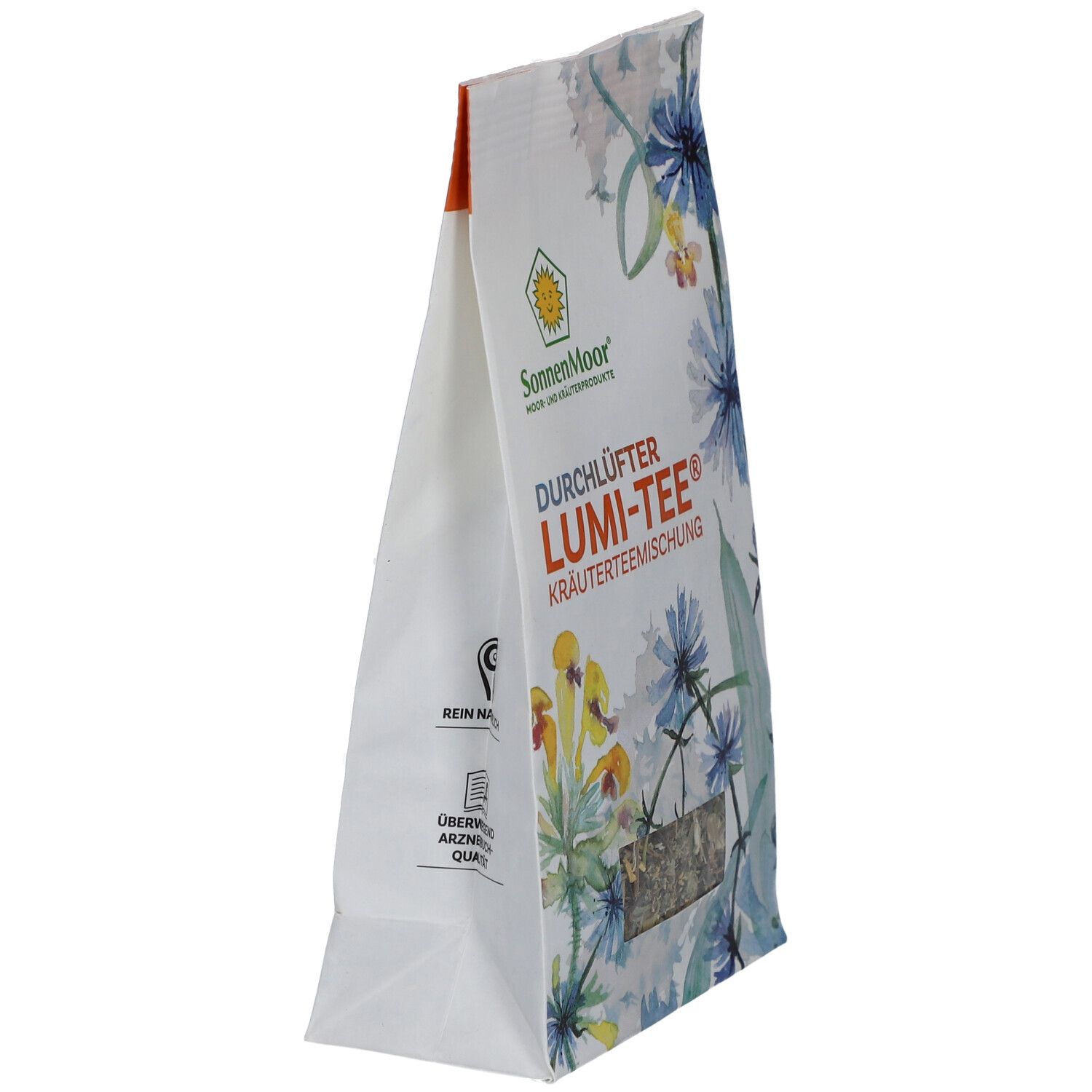 Schrägansicht des Beutels. Logo SonnenMoor. Aufschrift: LUMI-TEE® Kräuterteemischung. Sichtfenster mit Kräutern.