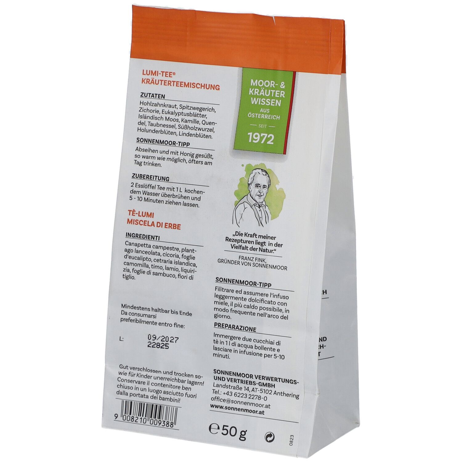 Rückseite des Beutels. Text mit Zutaten, Zubereitung, SonnenMoor Tipp. Logo und Bild von Franz Ebner. 50g.