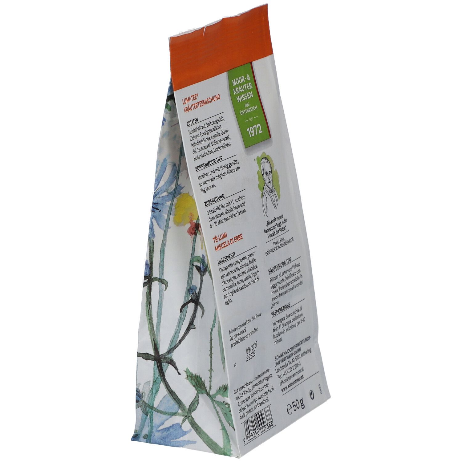 Schrägansicht der Rückseite des Beutels. Text mit Zutaten, Zubereitung, SonnenMoor Tipp. Logo und Bild von Franz Ebner.