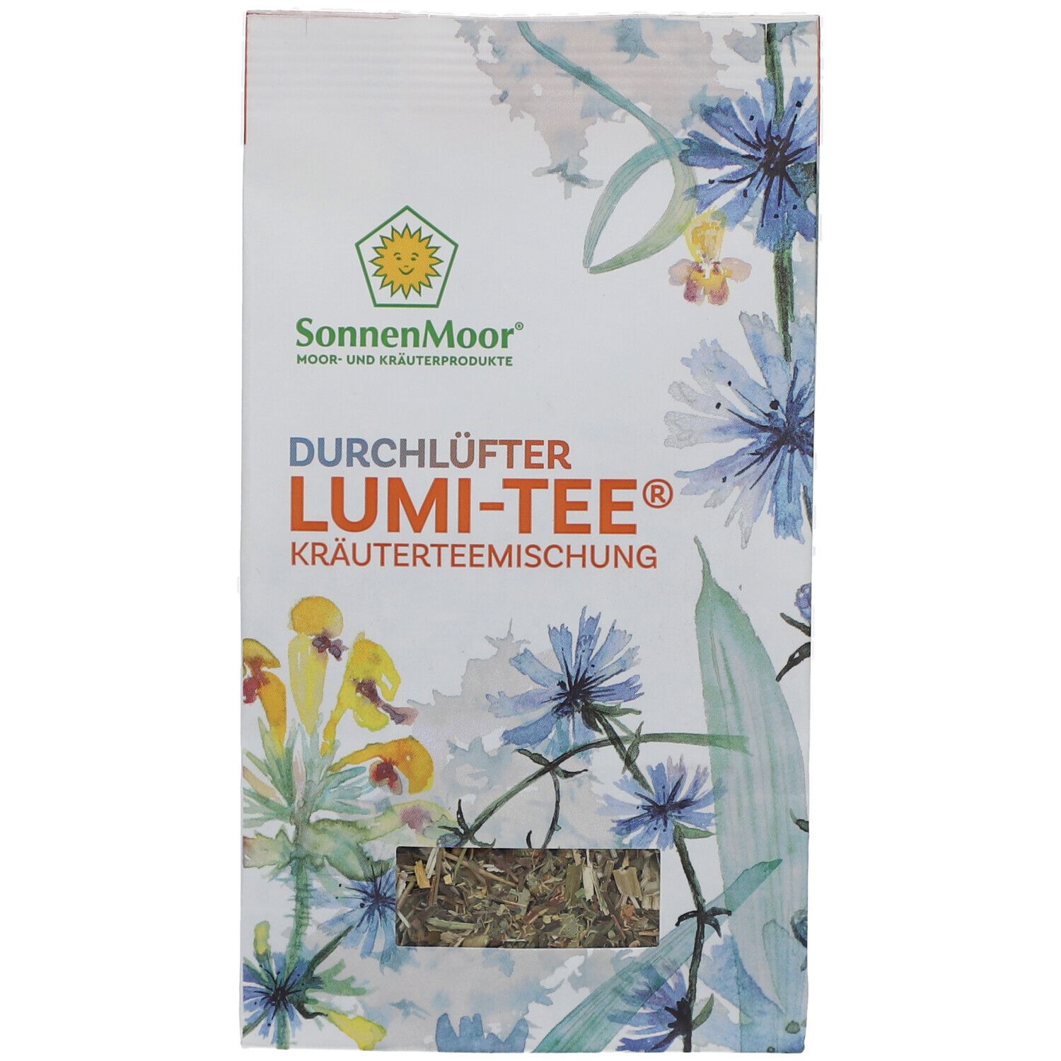 Beutel mit Kräuterteemischung. Sichtfenster zeigt Kräuter. Logo SonnenMoor. Aufschrift: LUMI-TEE® Kräuterteemischung.