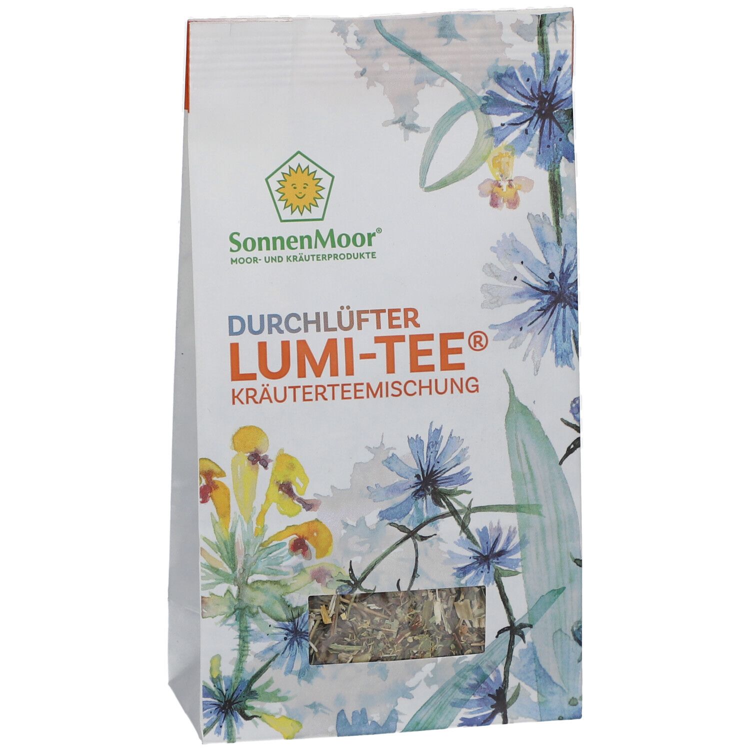 Beutel mit Kräuterteemischung. Sichtfenster zeigt Kräuter. Logo SonnenMoor. Aufschrift: LUMI-TEE® Kräuterteemischung.
