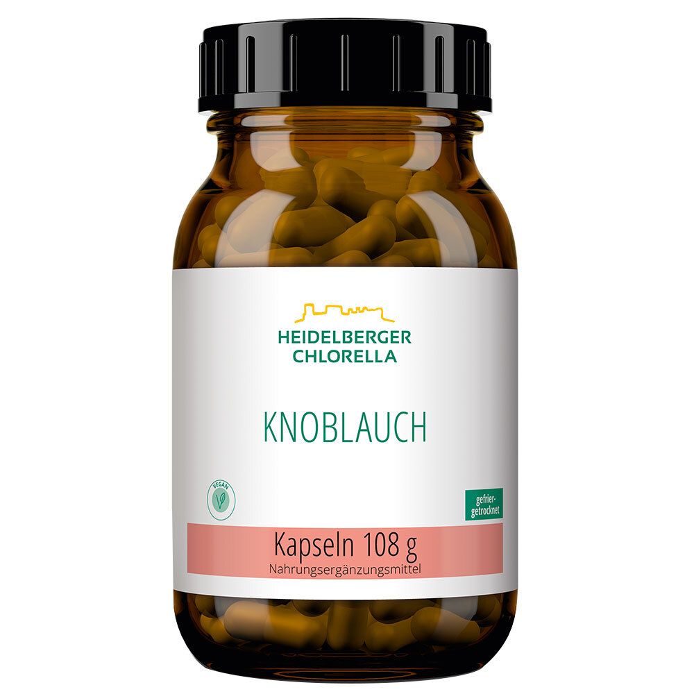 Flacon en verre brun avec bouchon noir. Étiquette avec "Heidelberger Chlorella KNOBLAUCH", "Kapseln 108 g".