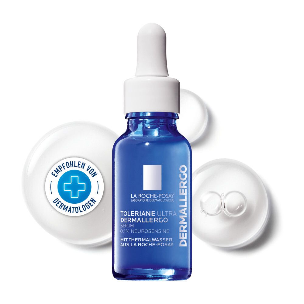 Flacon de sérum bleu avec bouchon blanc et pipette. Inscription : Toleriane Ultra Dermallergo Serum. Recommandé par les dermatologues.
