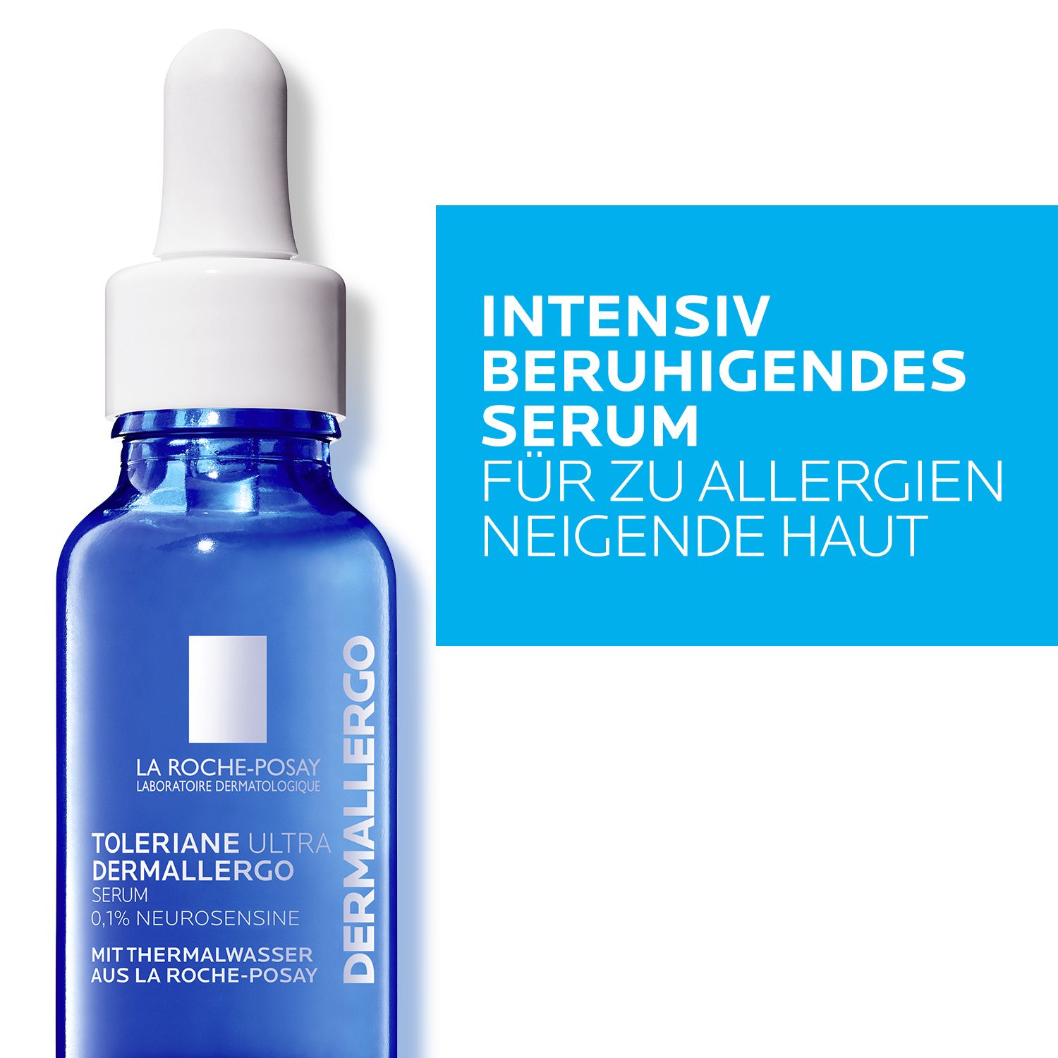 Flacon de sérum bleu avec bouchon blanc. Inscription : Toleriane Ultra Dermallergo Serum. Texte : Sérum apaisant intensif pour peaux allergiques.