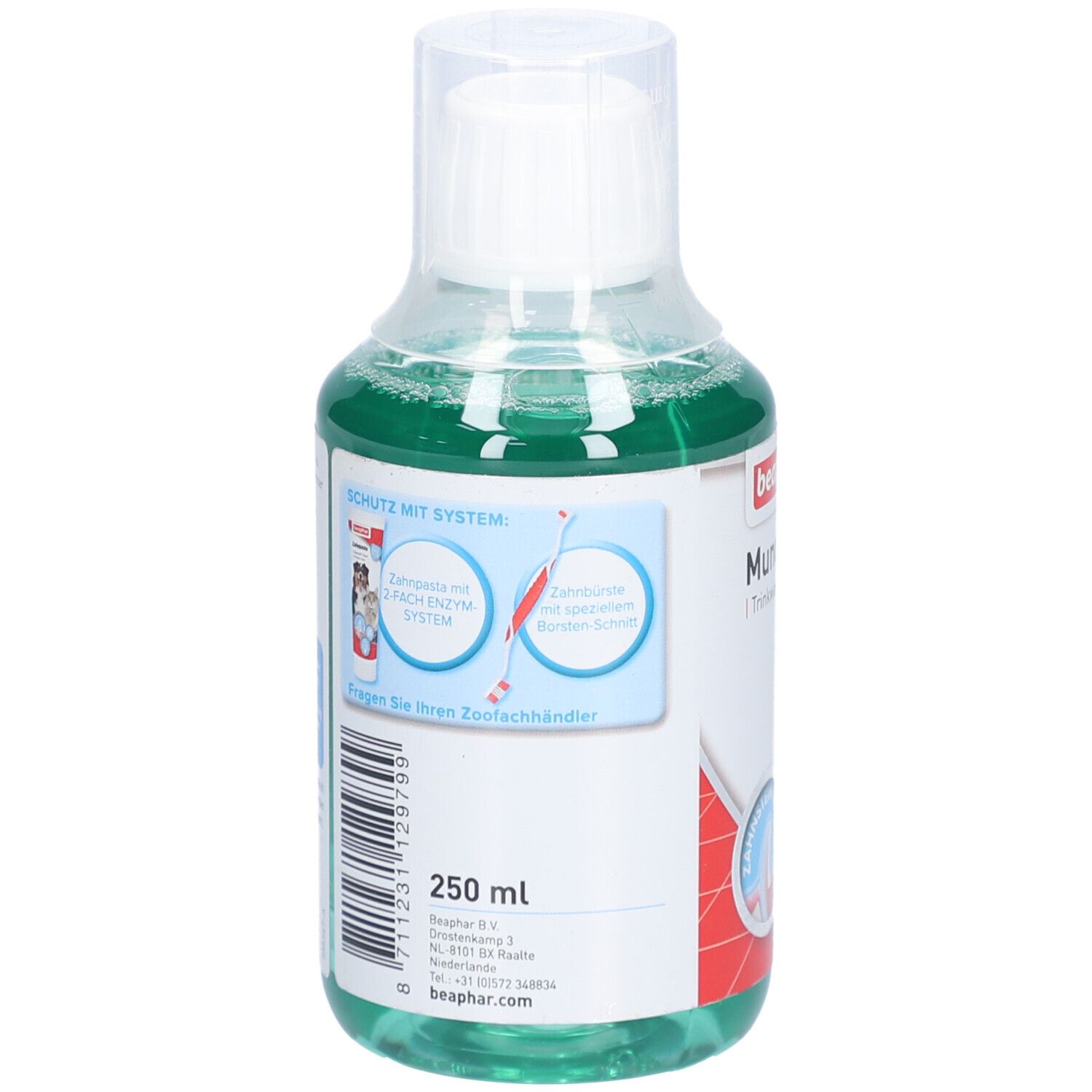 Dos du flacon de Beaphar Mundwasser. Contient des informations et des symboles. 250 ml. Logo et adresse Beaphar.