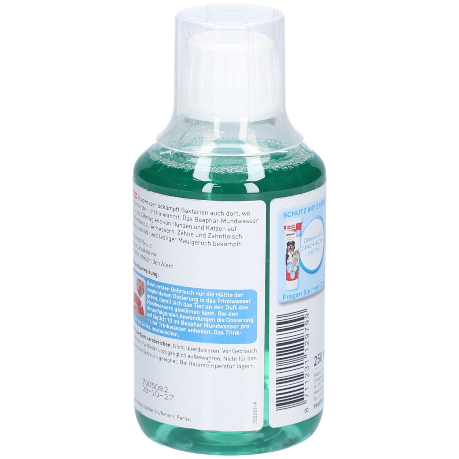 Dos du flacon de Beaphar Mundwasser. Informations textuelles et symboles. Date de péremption. 250 ml.
