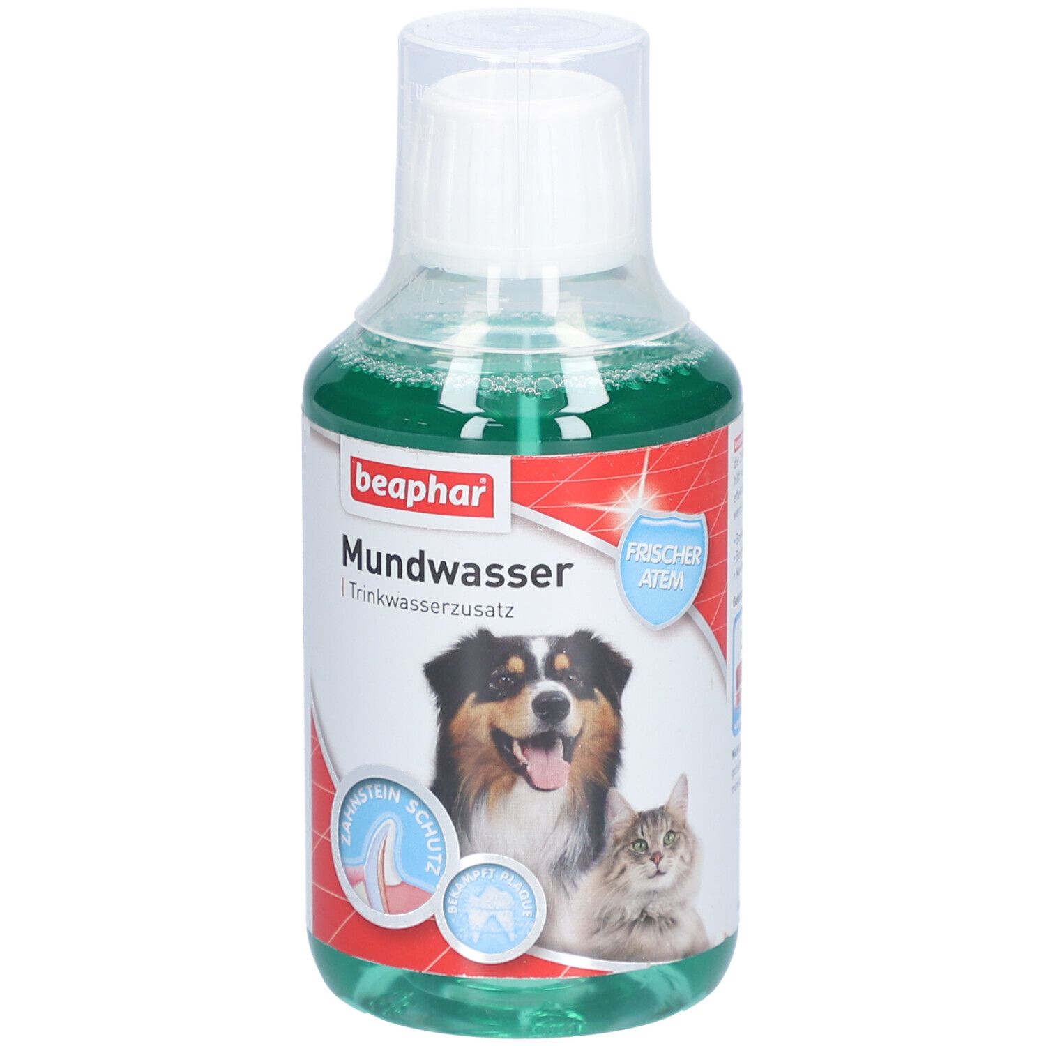 Flacon de Beaphar Mundwasser. Liquide verdâtre. Étiquette avec chien, chat, nom du produit et 'Haleine fraîche'.