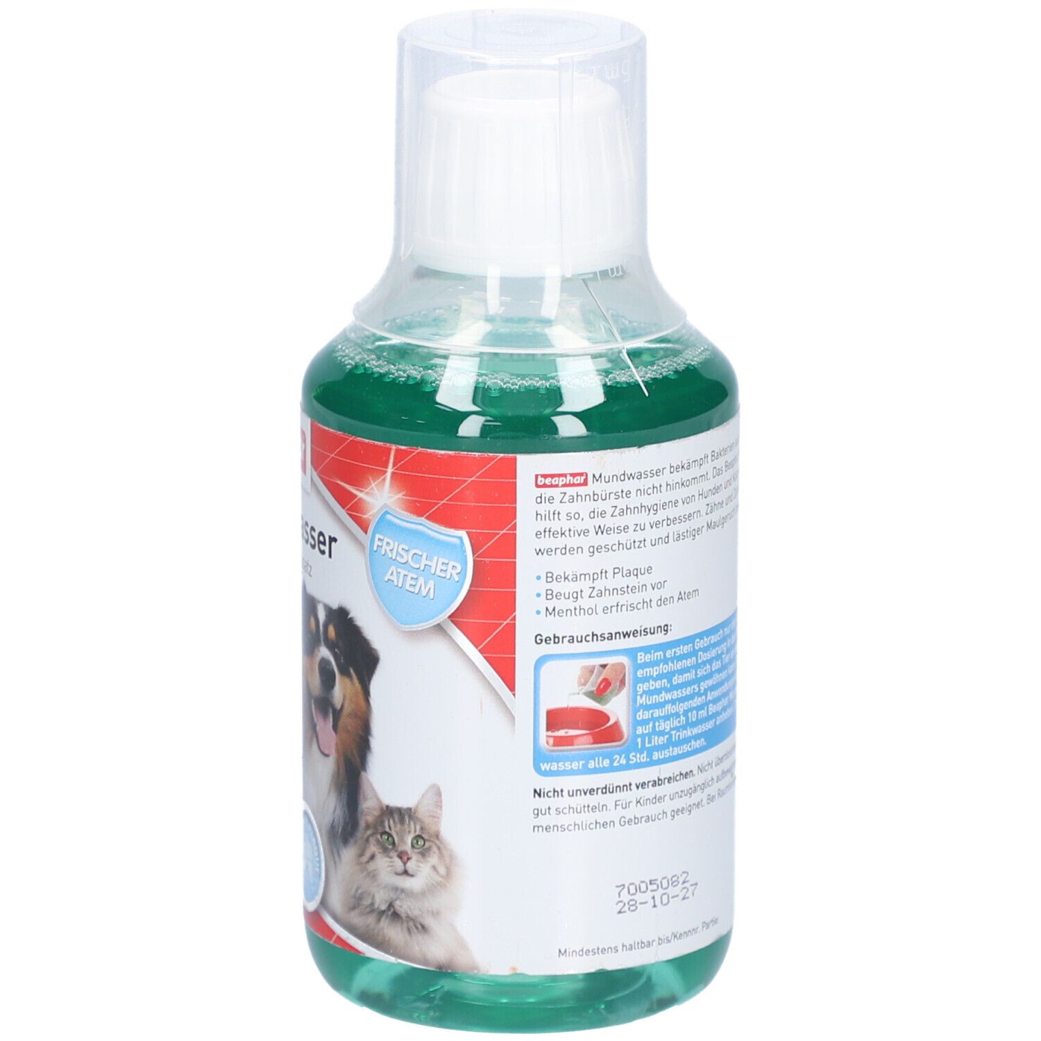 Flacon de Beaphar Mundwasser. Liquide verdâtre. Étiquette avec chien, chat, nom du produit et 'Haleine fraîche'.