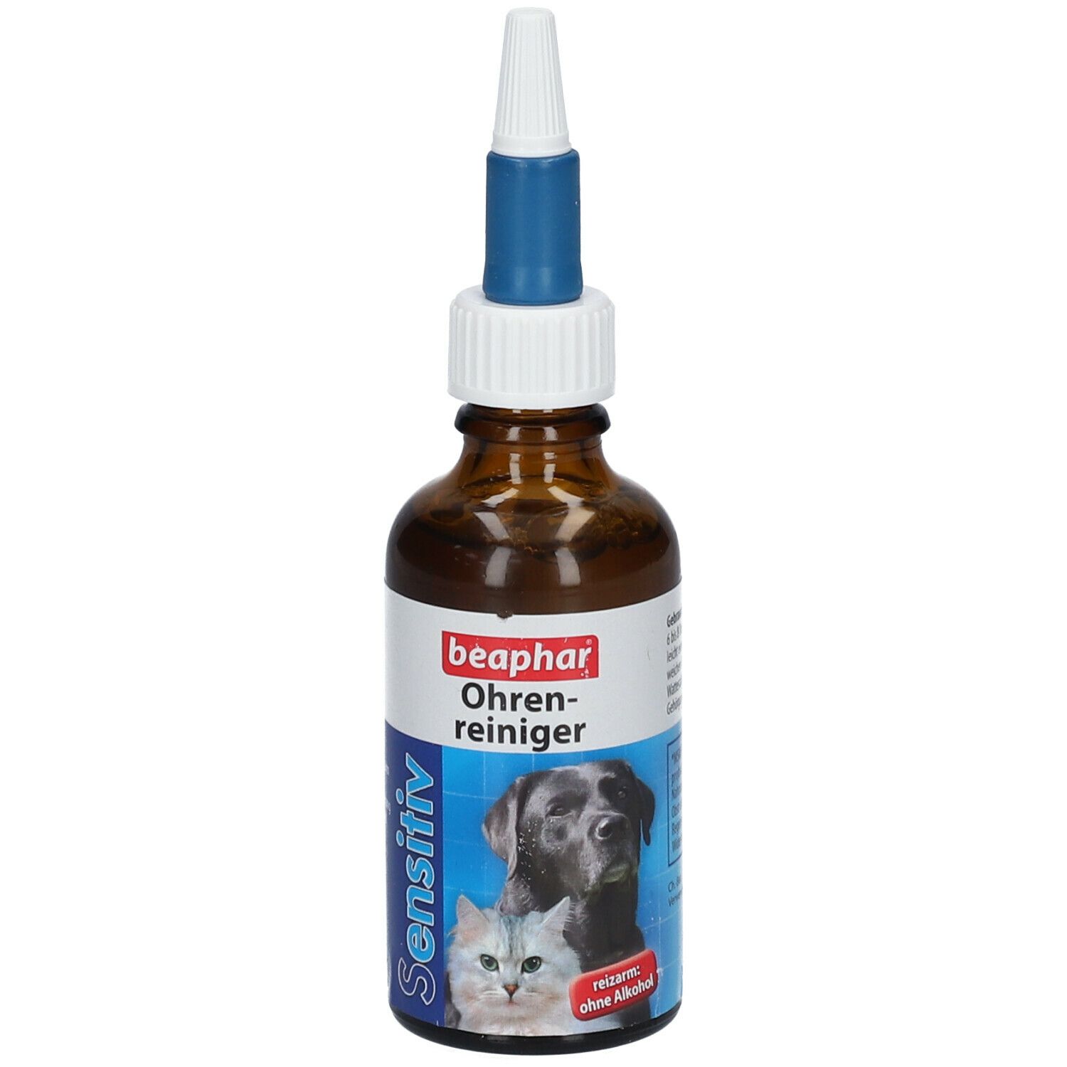 Braune Flasche mit weißem und blauem Verschluss. Aufschrift: beaphar Ohrreiniger Sensitiv. Abbildung von Hund und Katze.