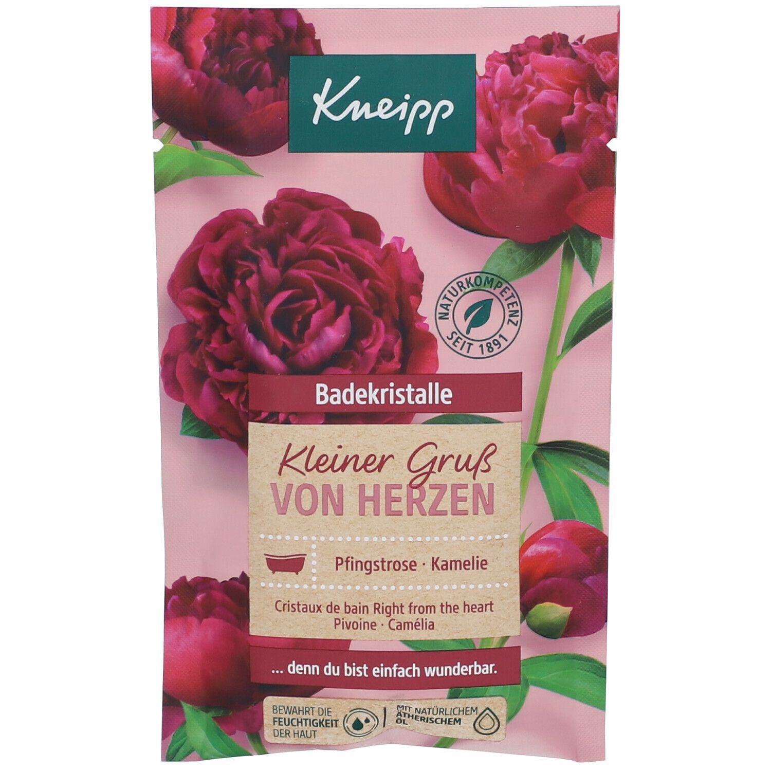 Sachet rose avec logo Kneipp et fleurs. Texte : Cristaux de bain, Petit cadeau du cœur. Contient pivoine et camélia. Label de compétence naturelle.