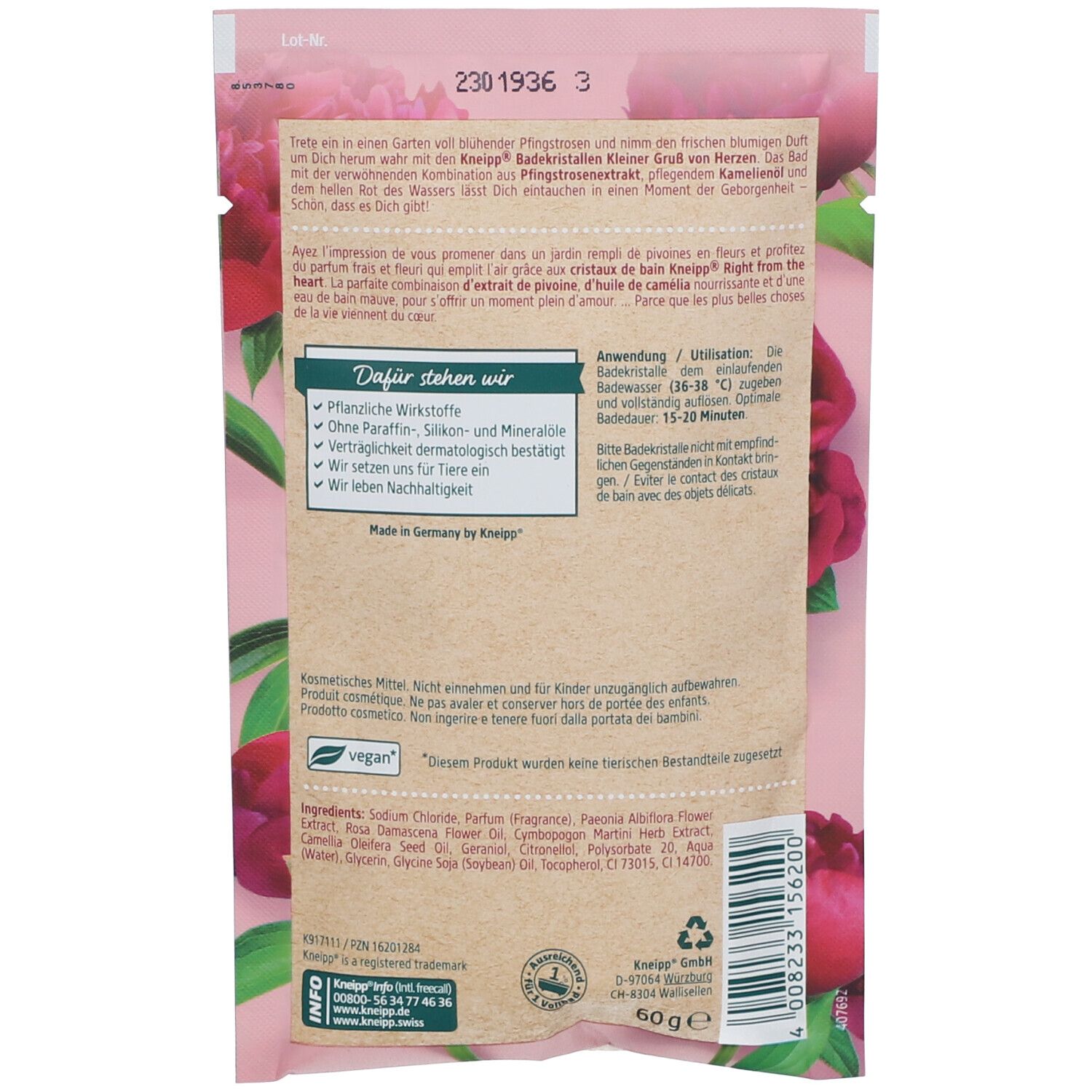 Dos d'un sachet rose avec logo Kneipp et fleurs. Texte : Ingrédients, utilisation, vegan. Contient 60g. Labels : compétence naturelle, Fabriqué en Allemagne.