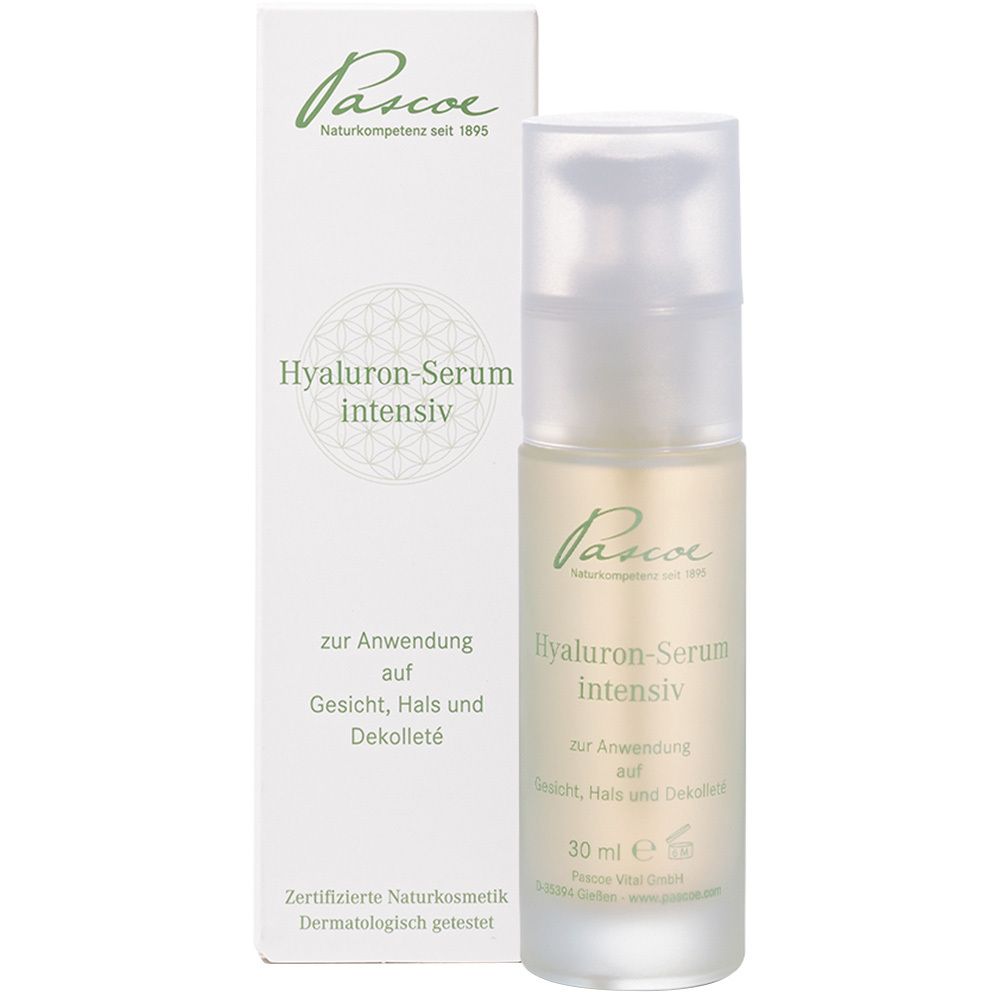 Flacon de sérum et emballage. Inscription : Hyaluron-Serum intensiv. Pour le visage, le cou et le décolleté.