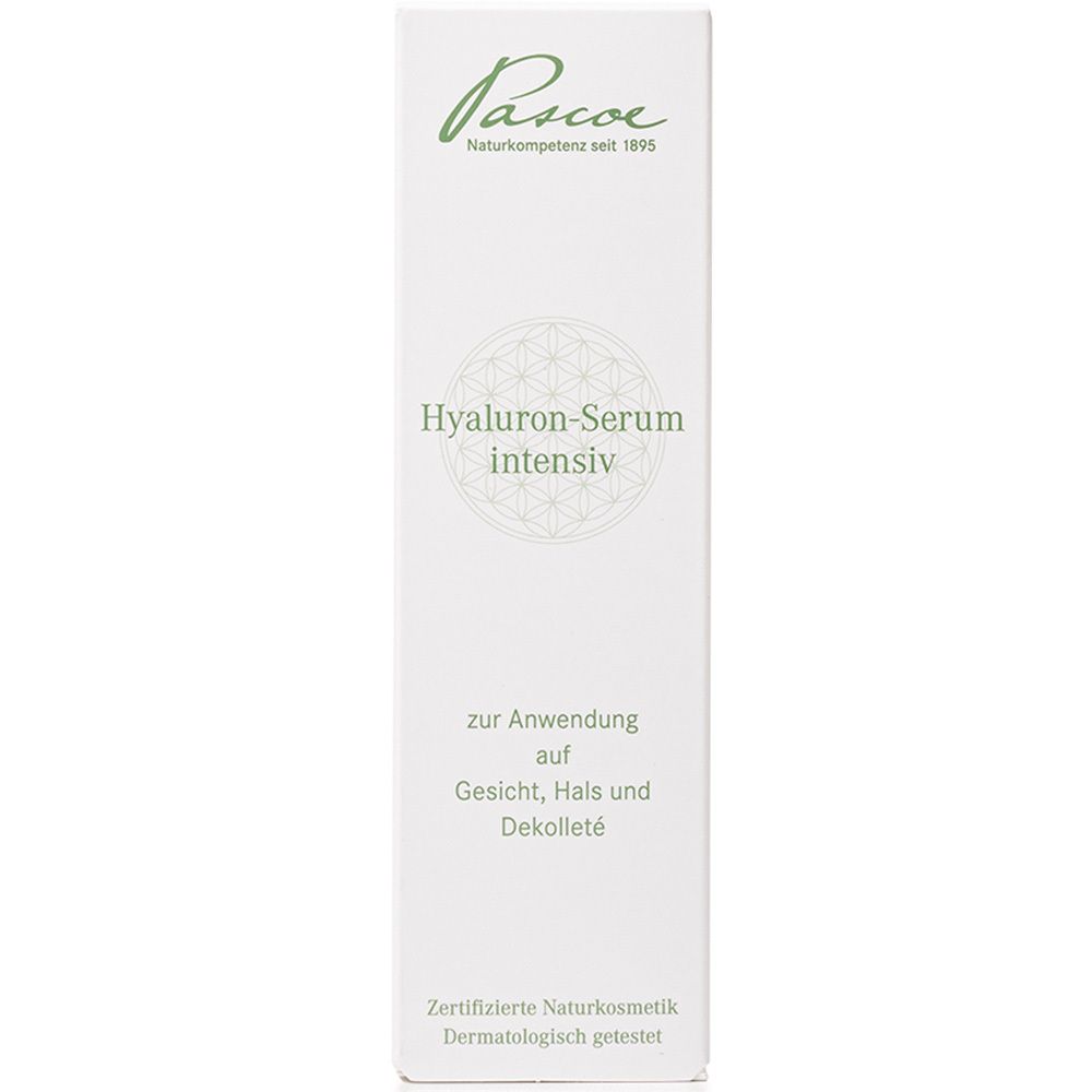 Emballage pour sérum. Inscription : Hyaluron-Serum intensiv. Pour le visage, le cou et le décolleté. Cosmétiques naturels certifiés.