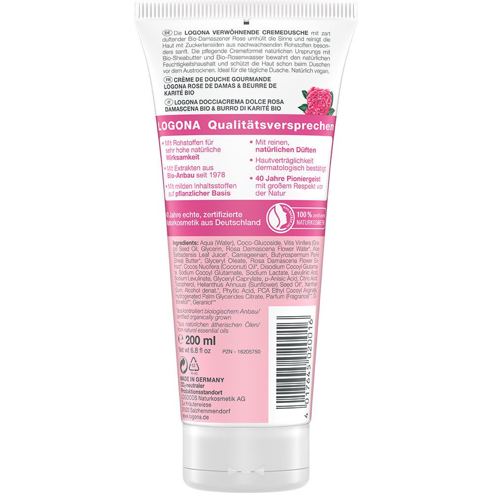 LOGONA Crème de Douche Gourmande Rose de Damas Bio