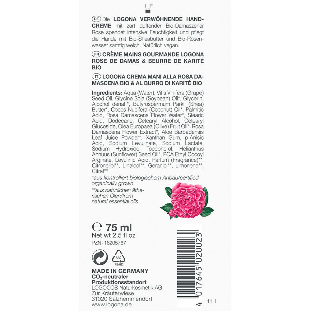 LOGONA Crème mains choyante Rose de Damas bio & beurre de karité bio