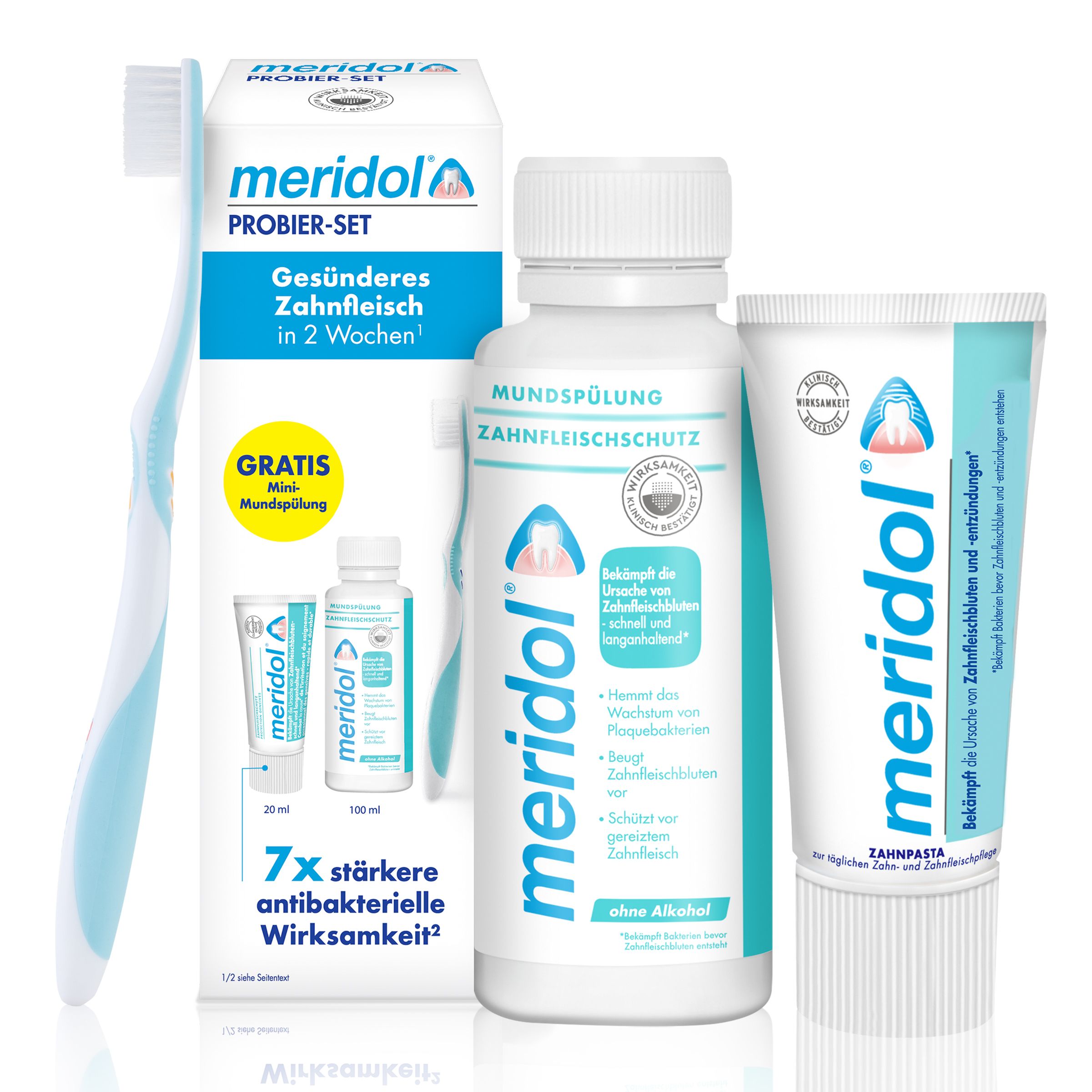 meridol set d'essai: brosse à dents + dentifrice + bain de bouche