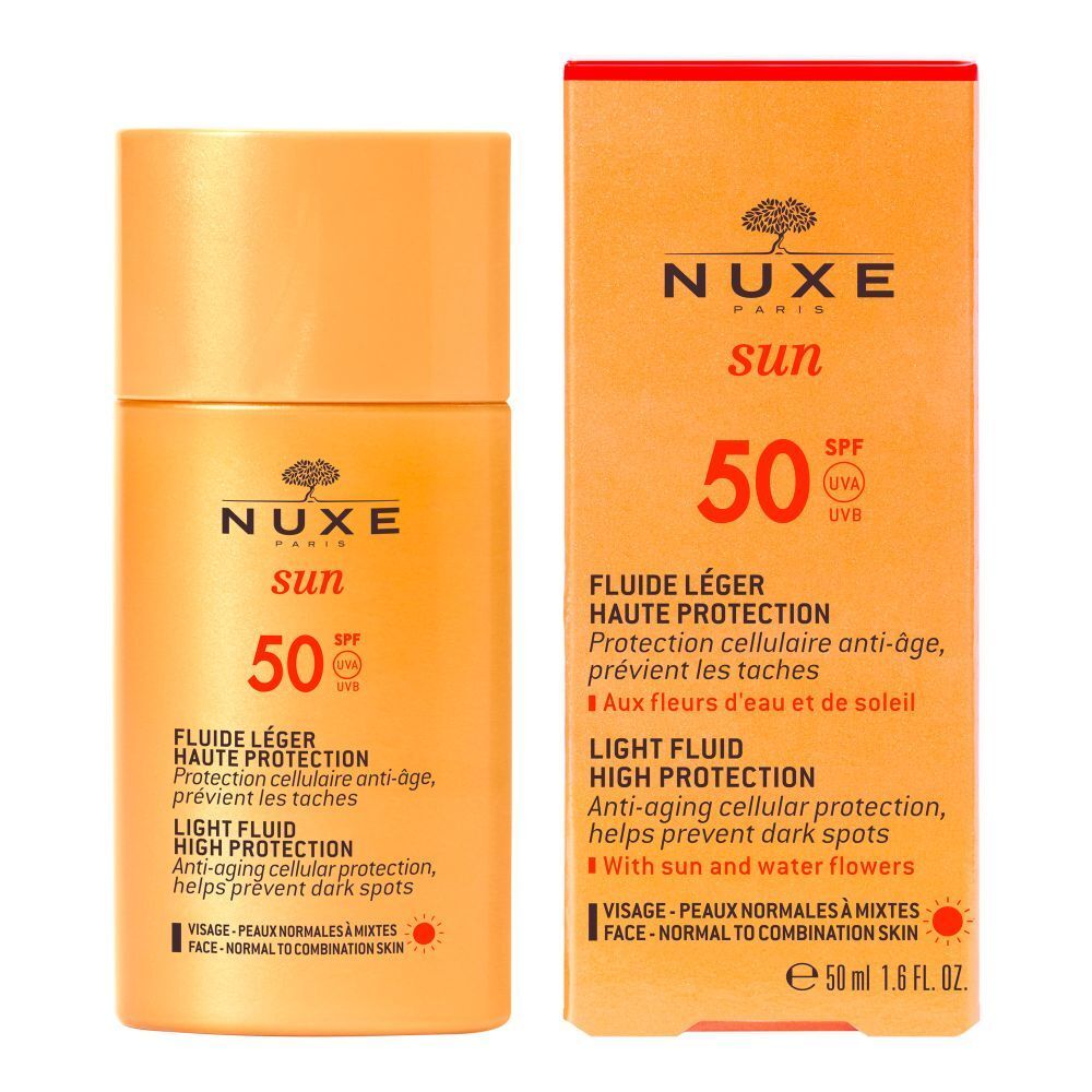 Beige Flasche und Schachtel. Aufschrift: NUXE Sun, 50 SPF. Text: Fluide Léger Haute Protection. Mit Sonnenblumen.