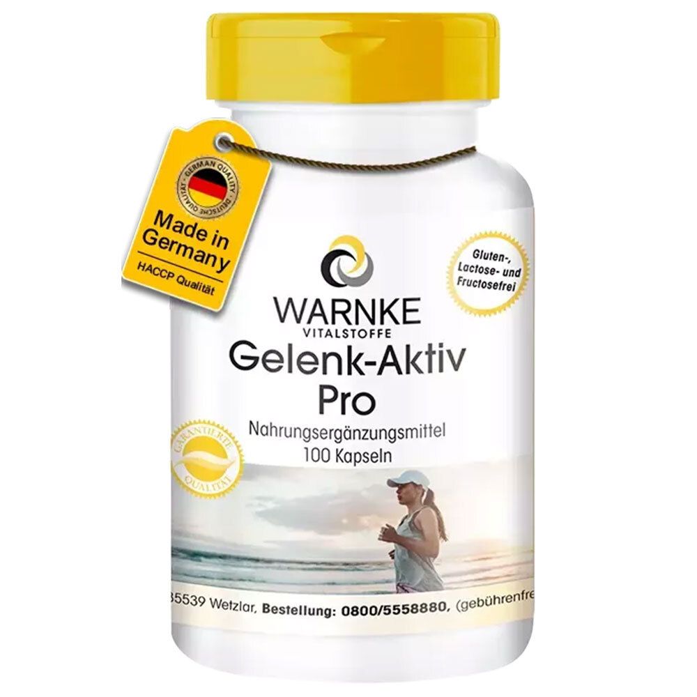 Flacon blanc à bouchon jaune. Inscription: Warnke Gelenk-Aktiv Pro. Label Made in Germany.