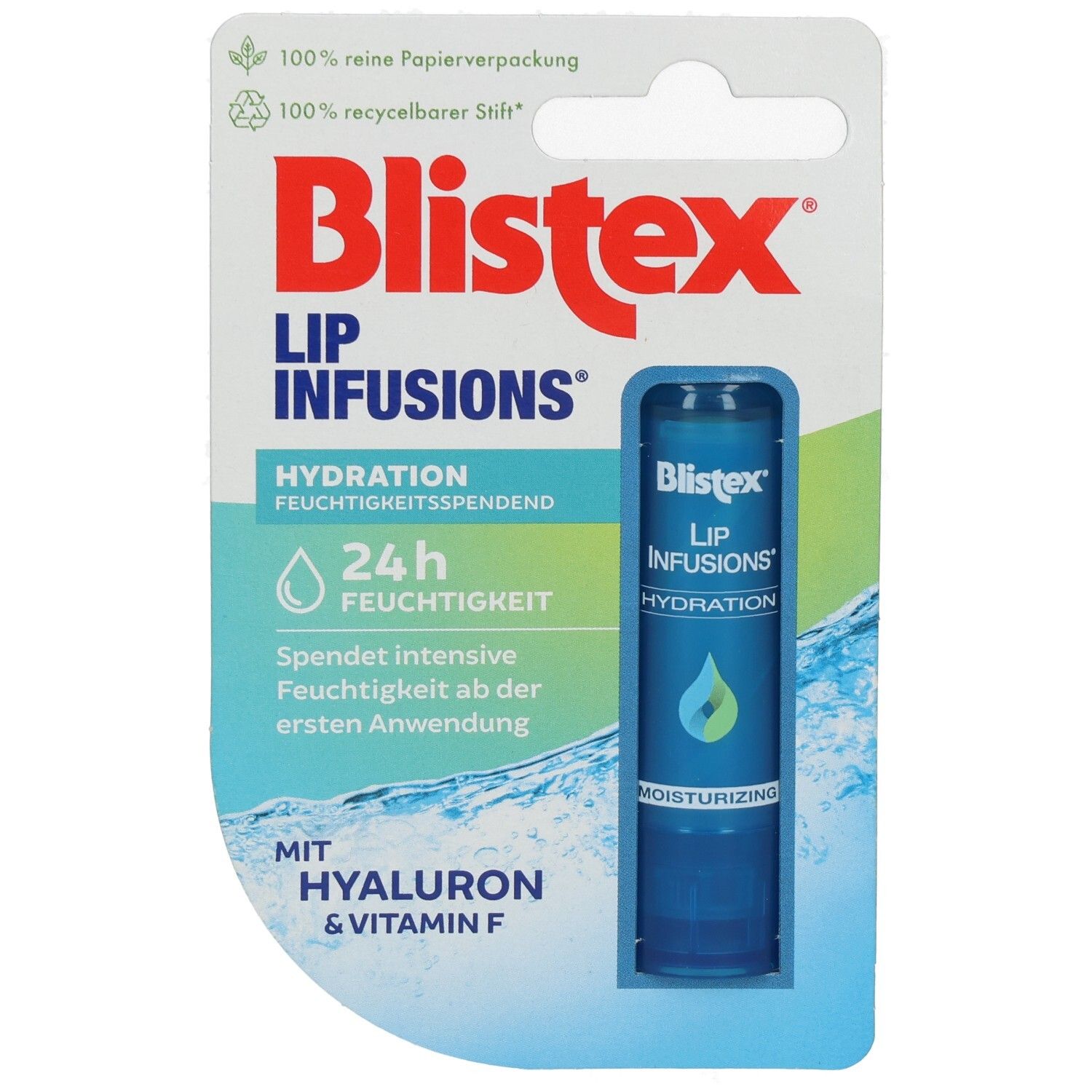 Emballage blister avec stick à lèvres bleu. Texte: Blistex Lip Infusions Hydration, 24h d'hydratation, avec Hyaluron & Vitamine F.