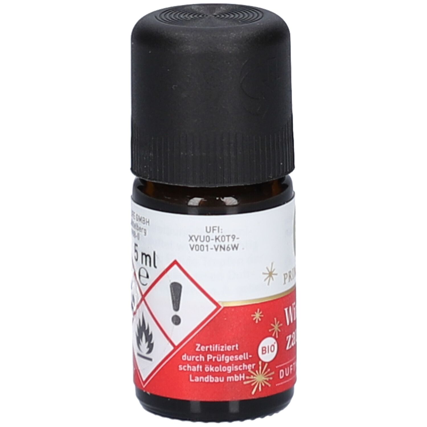 Flacon en verre brun avec bouchon noir. Étiquette avec symboles d'avertissement, "5 ml" et certification.