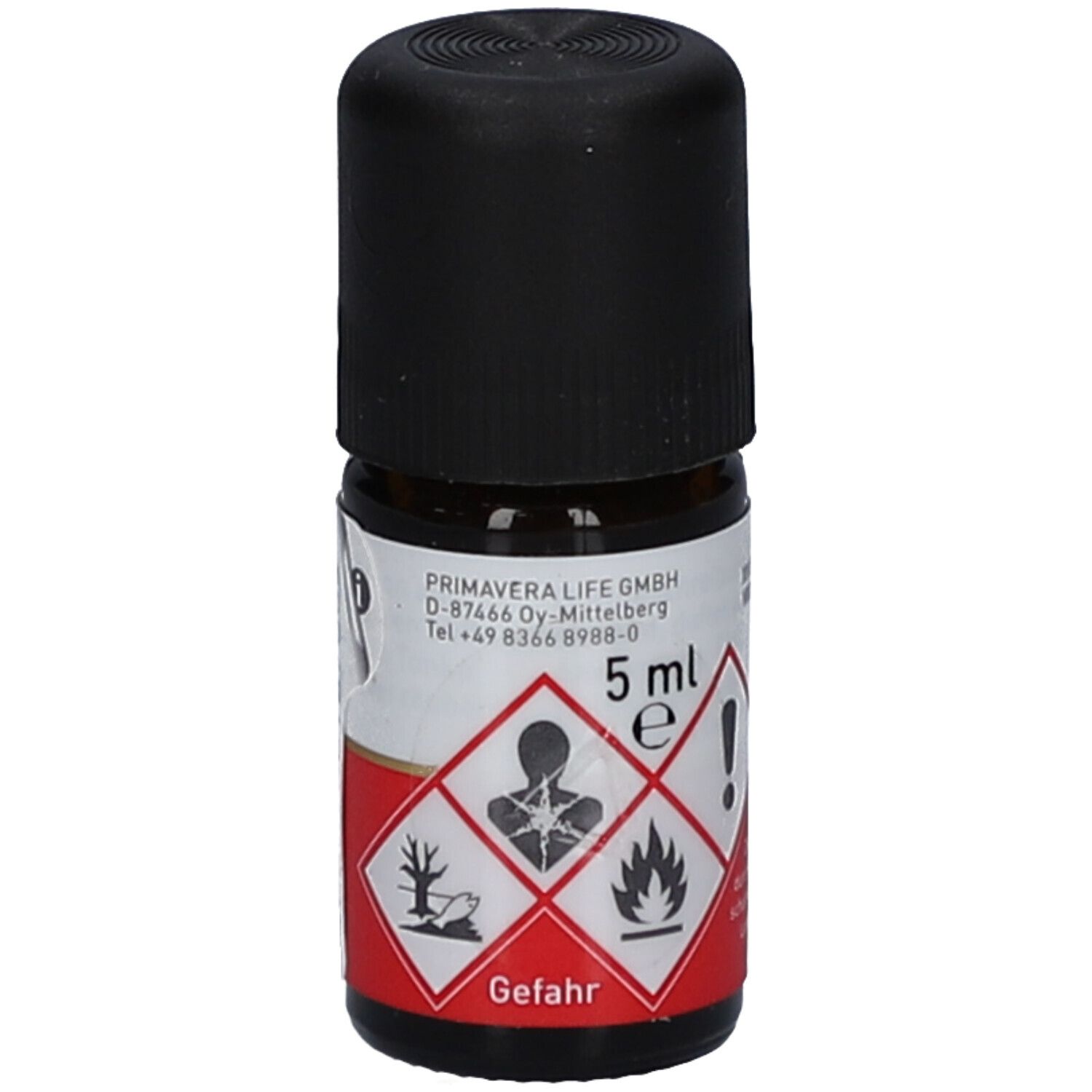 Flacon en verre brun avec bouchon noir. Étiquette avec symboles d'avertissement et "5 ml".