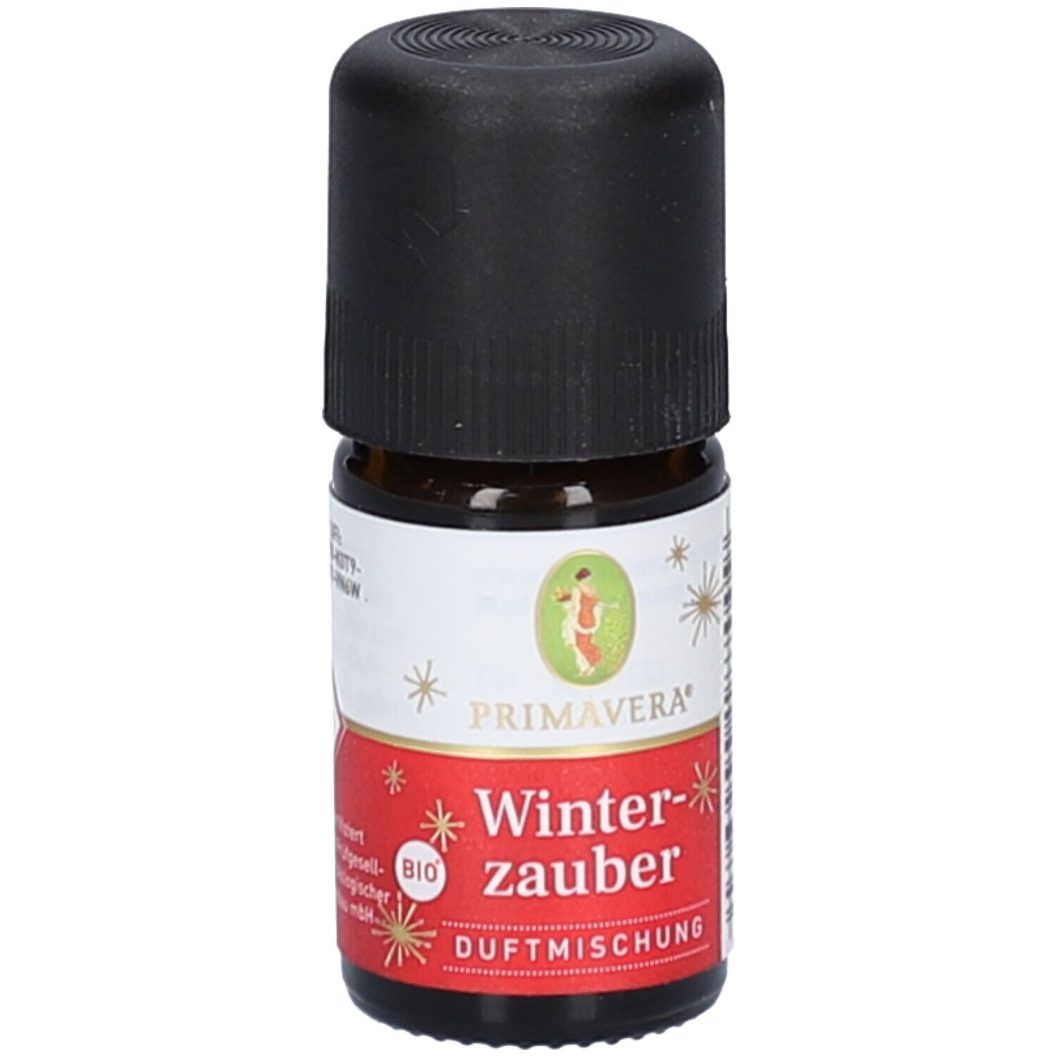Flacon en verre brun avec bouchon noir. Étiquette avec "Primavera", "Winterzauber", "BIO" et illustration.
