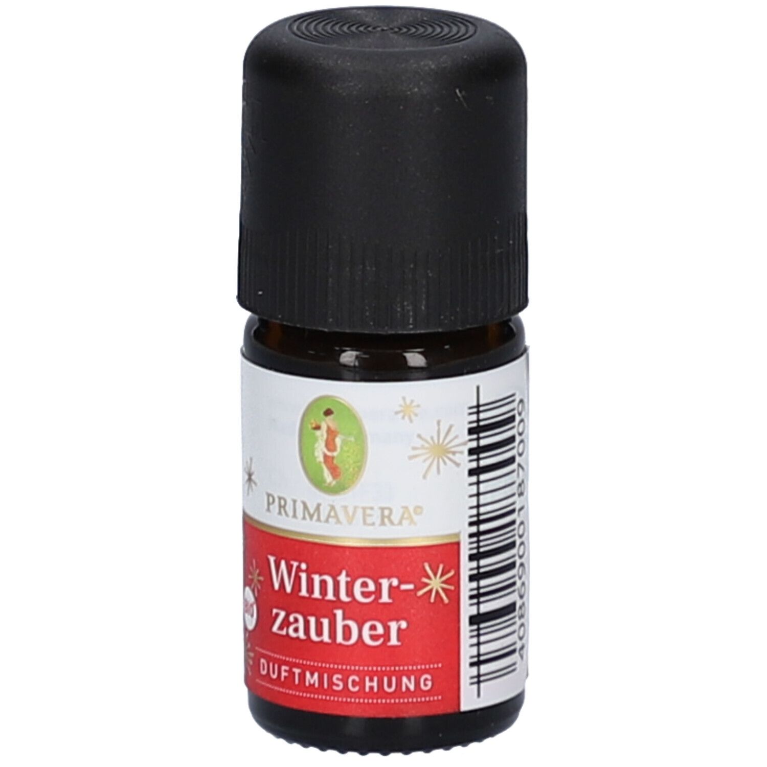 Flacon en verre brun avec bouchon noir. Étiquette avec "Primavera", "Winterzauber" et code-barres.