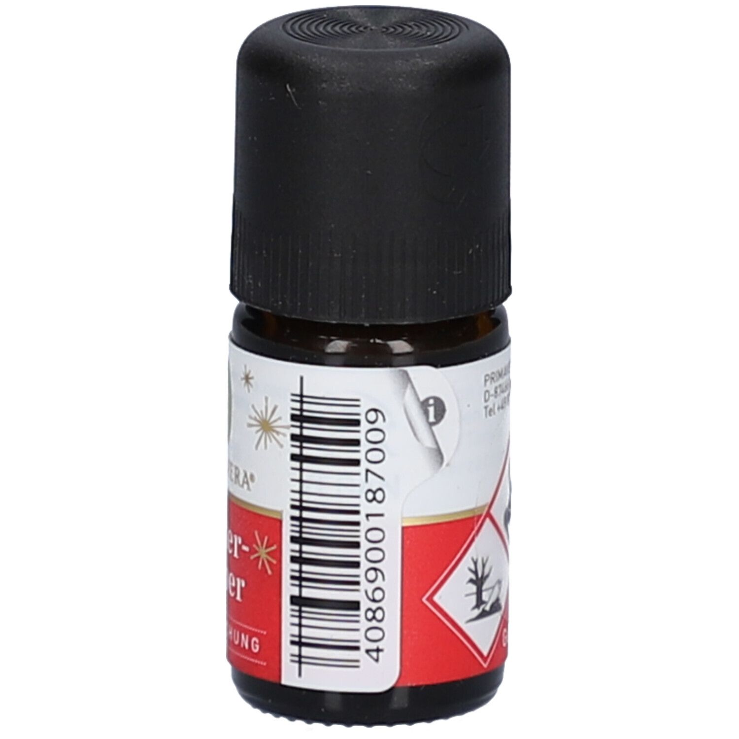 Flacon en verre brun avec bouchon noir. Étiquette avec code-barres et symboles d'avertissement.