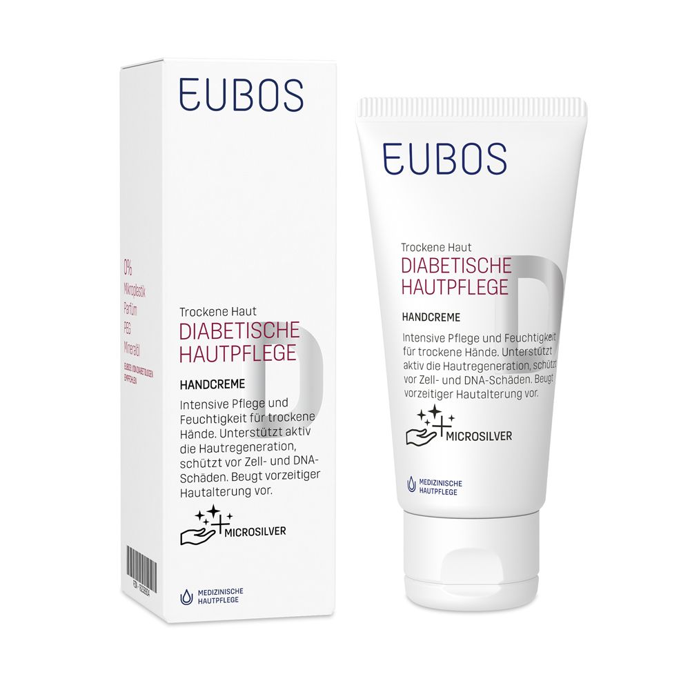 EUBOS Handcreme für diabetische Haut. Tube und Verpackung. Enthält Microsilver. Für trockene Haut.