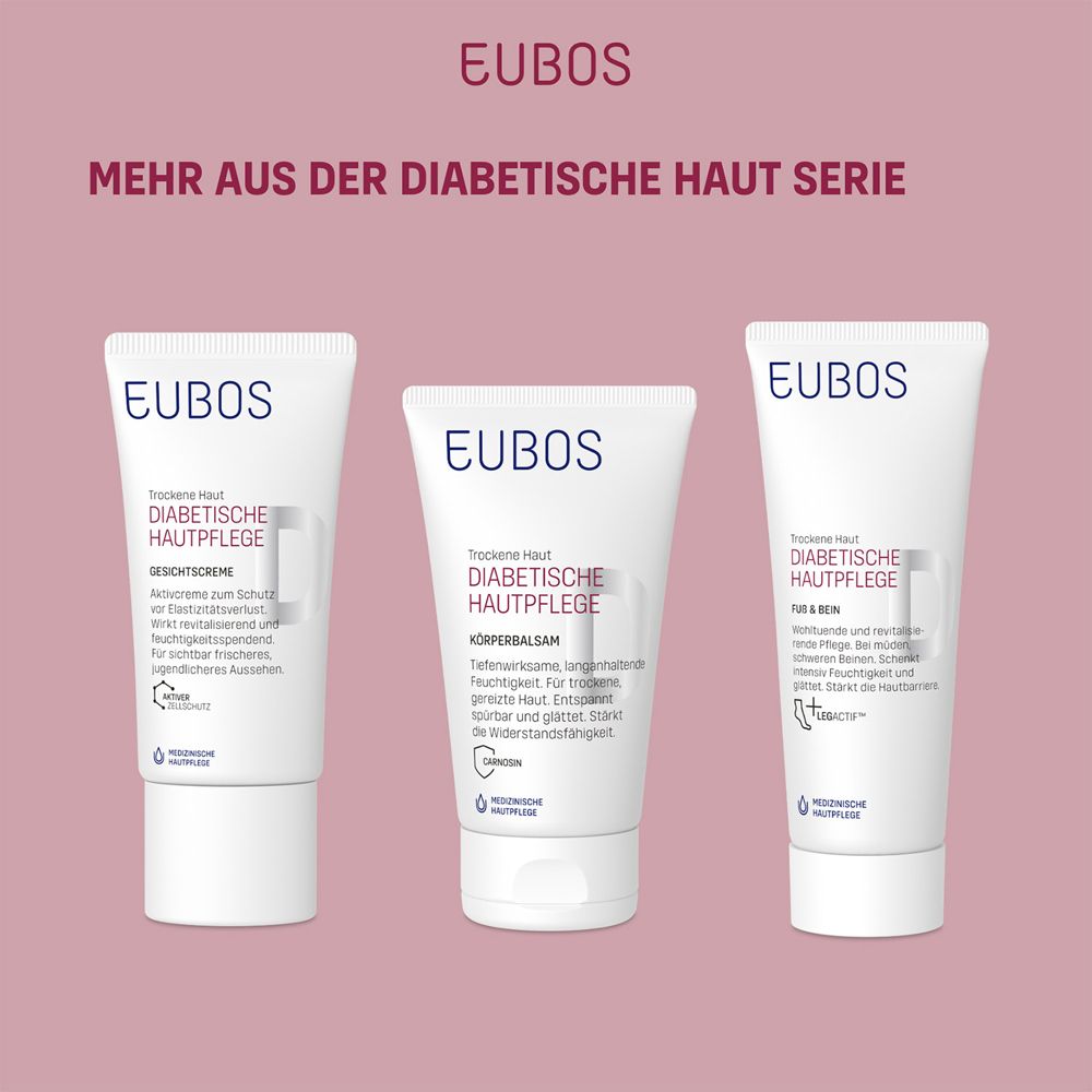 Trois produits EUBOS. Soin de la peau diabétique. Visage, baume corporel, pieds et jambes. Plus de la gamme Diabetische Haut.