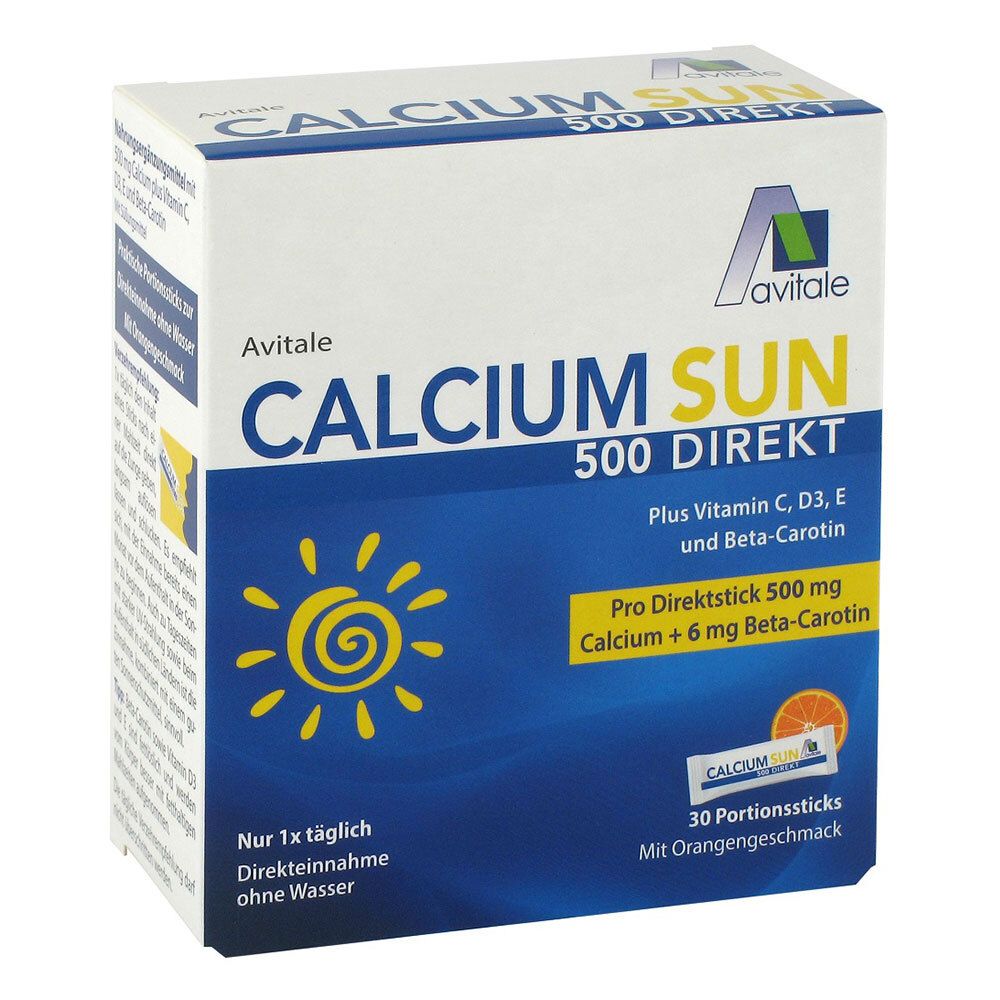 Boîte Avitale Calcium Sun 500 Direkt. 30 portions. Goût orange. Contient vitamine C, D3, E et bêta-carotène.