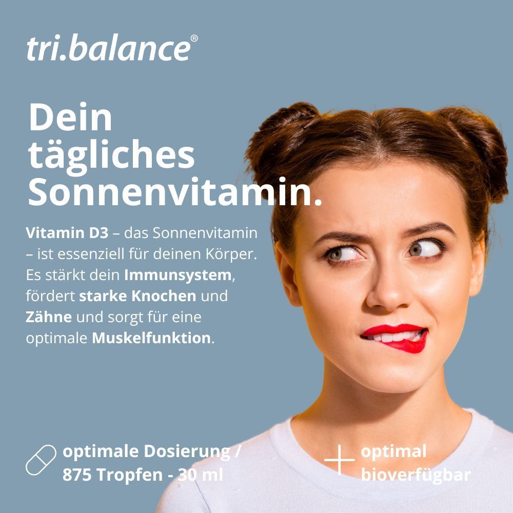 Femme avec rouge à lèvres rouge, pensive. Texte : "tri.balance", "Vitamin D3 - das Sonnenvitamin".