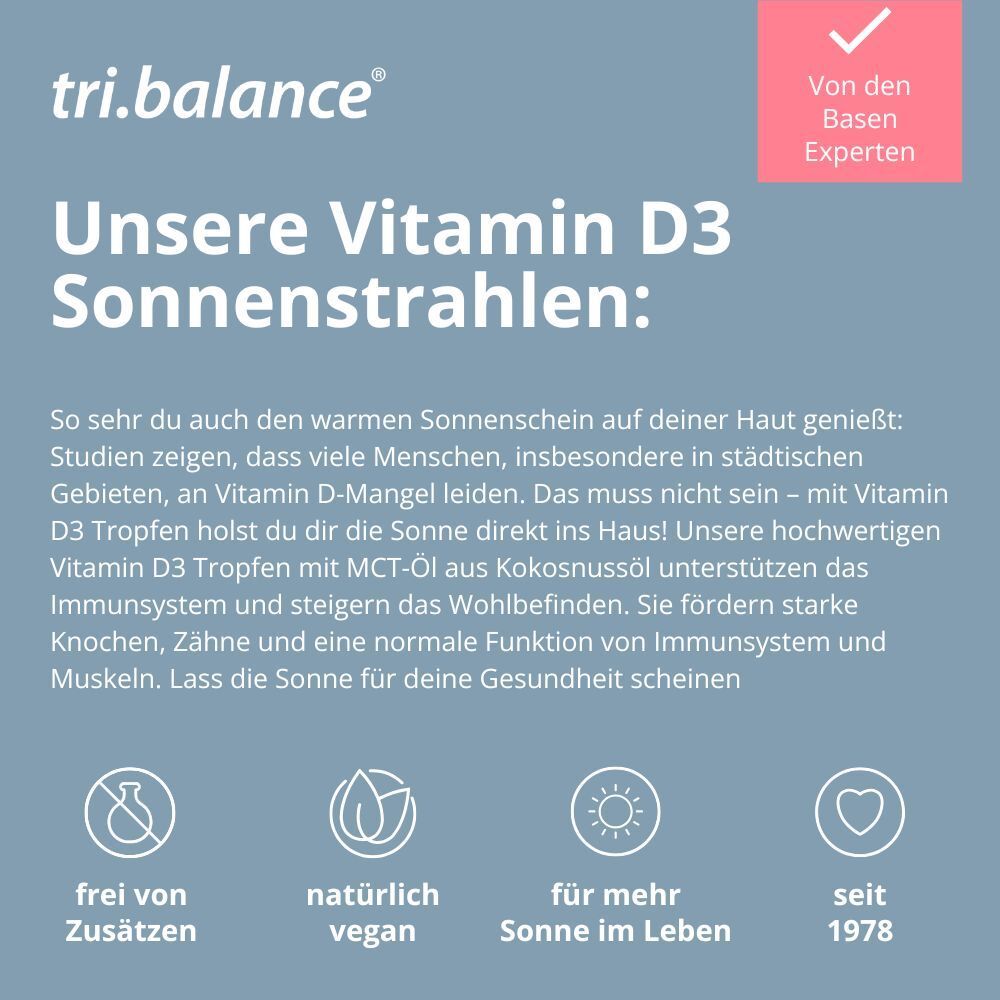 Texte sur fond bleu : "tri.balance", "Unsere Vitamin D3 Sonnenstrahlen:". Symboles et texte.