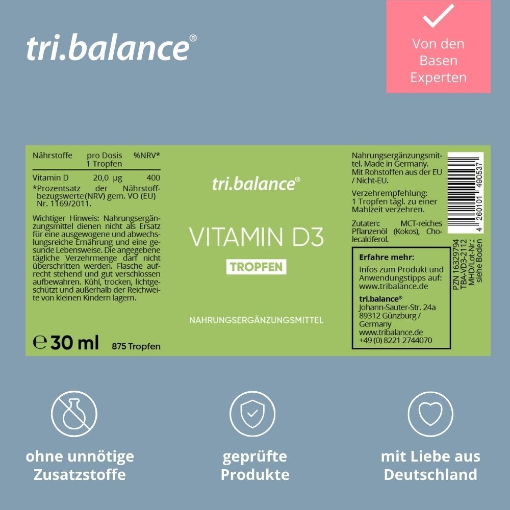Étiquette "tri.balance VITAMIN D3 Tropfen". Informations nutritionnelles, texte, symboles. Texte : "Nahrungsergänzungsmittel".
