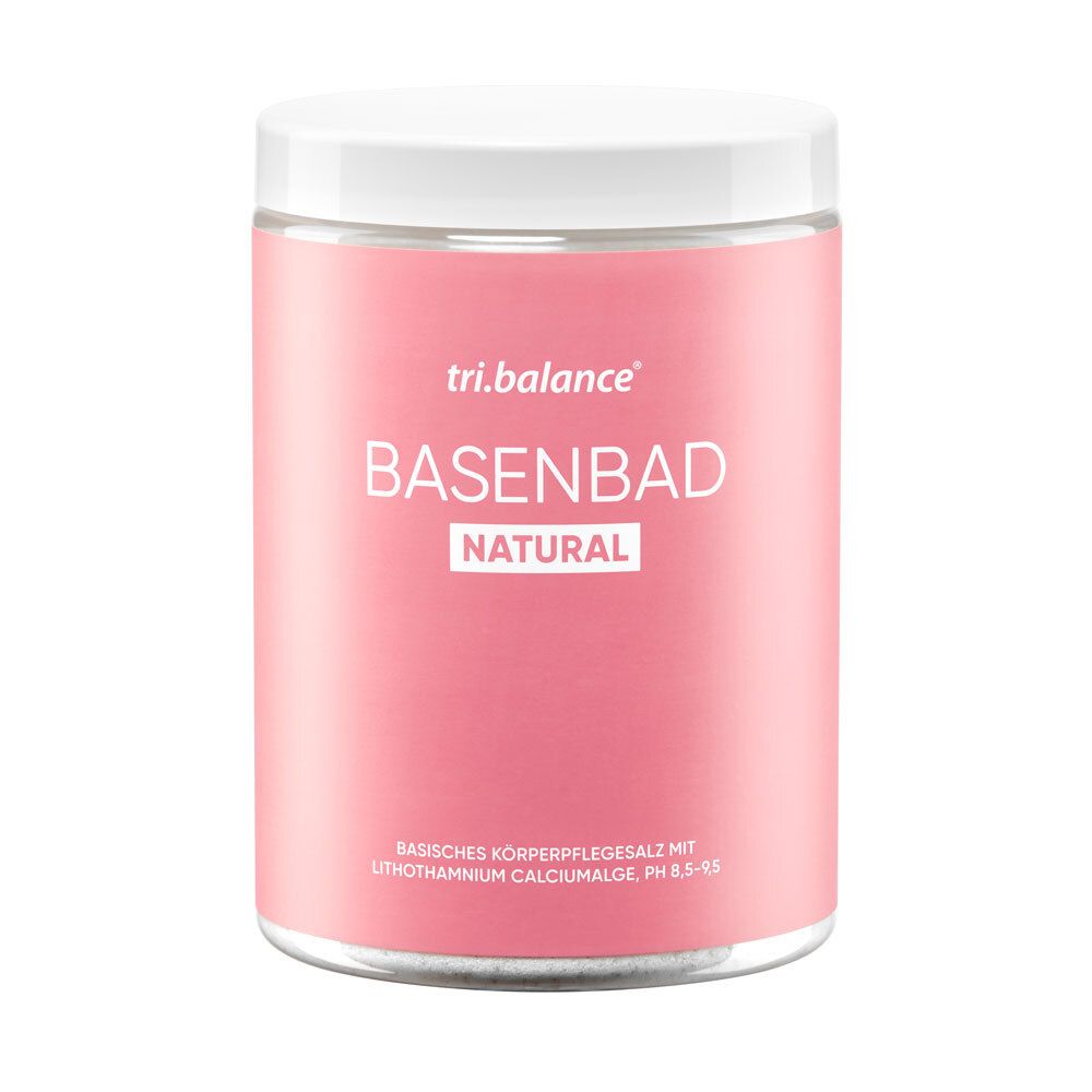 Rosa Dose mit weißem Deckel. Aufschrift: tri.balance Basenbad NATURAL. Text: Basisches Pflegesalz.