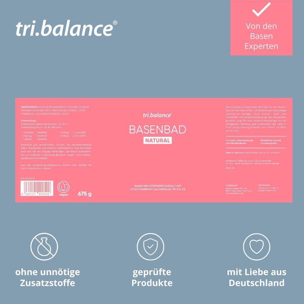 Text: tri.balance Basenbad NATURAL. Text: Ohne unnötige Zusatzstoffe, geprüfte Produkte, mit Liebe aus Deutschland.
