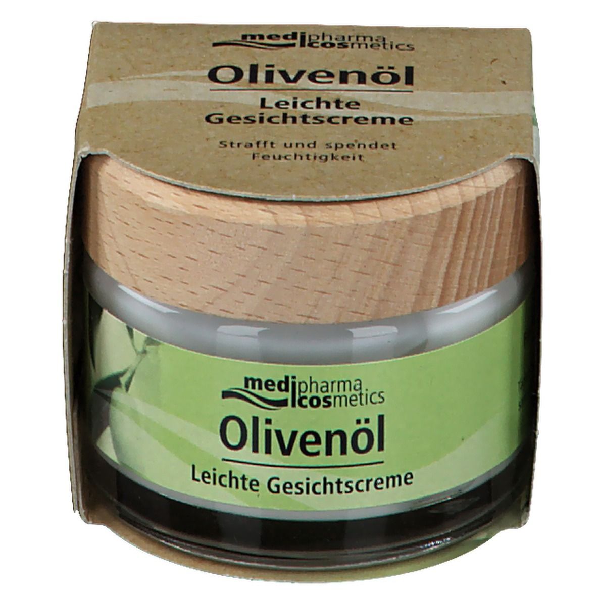 Pot de crème avec couvercle en bois dans un emballage en carton. Inscription : Olivenöl Leichte Gesichtscreme, medi-pharma cosmetics.