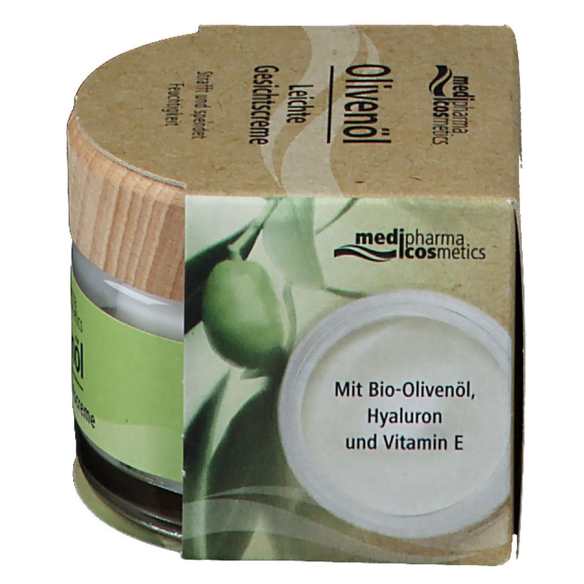 Pot de crème avec couvercle en bois dans un emballage en carton. Inscription : Olivenöl Leichte Gesichtscreme, medi-pharma cosmetics. Avec Bio-Olivenöl, Hyaluron et Vitamine E.