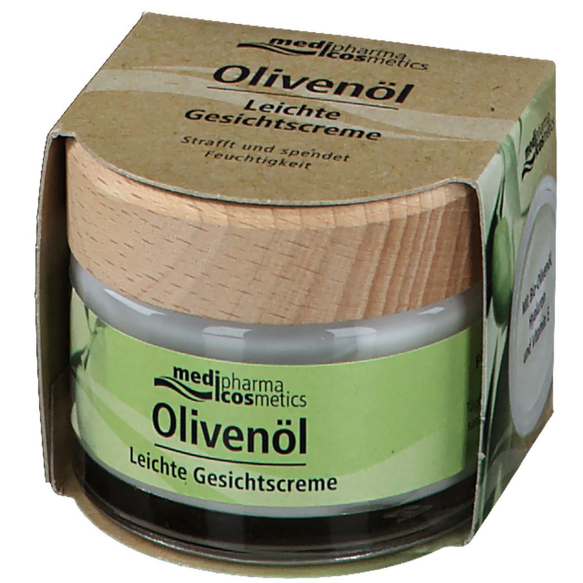 Pot de crème avec couvercle en bois dans un emballage en carton. Inscription : Olivenöl Leichte Gesichtscreme, medi-pharma cosmetics.