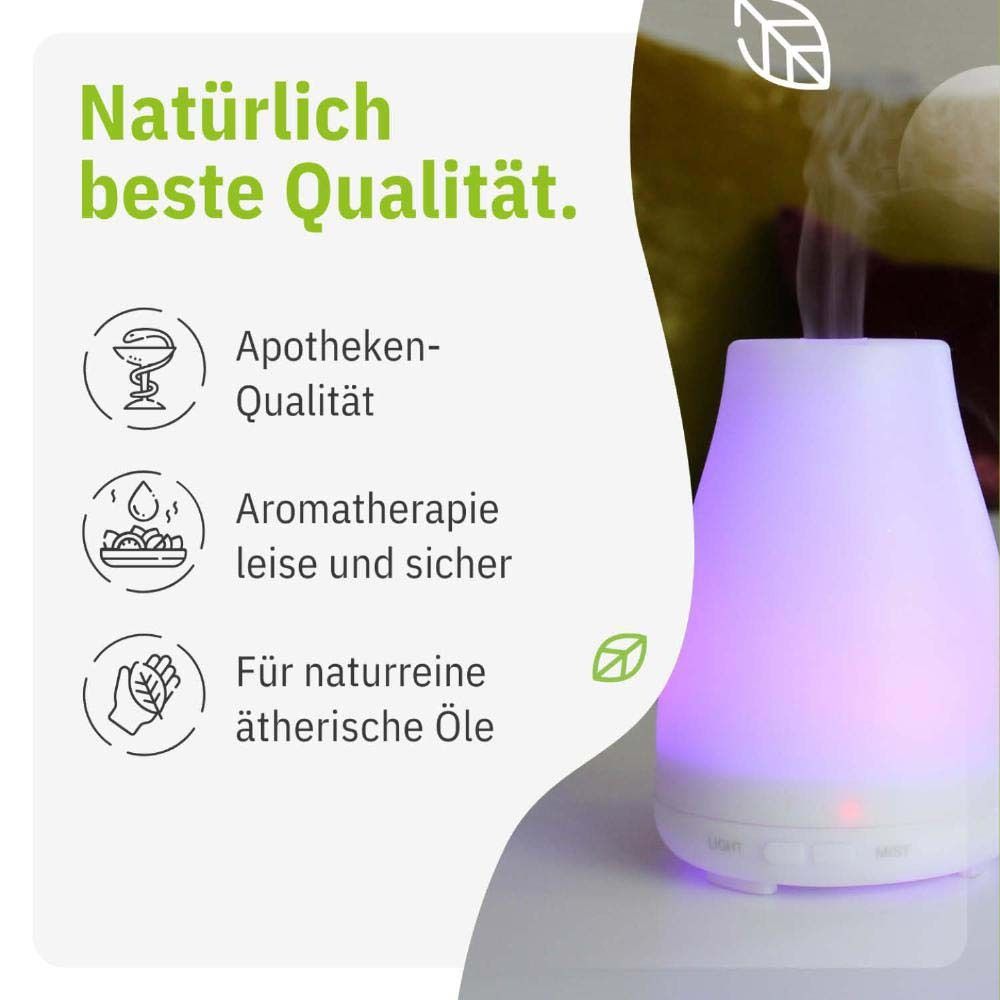 Diffuseur d'arômes violet. Texte: 'Naturellement la meilleure qualité'. Qualité pharmacie, aromathérapie, huiles naturelles.