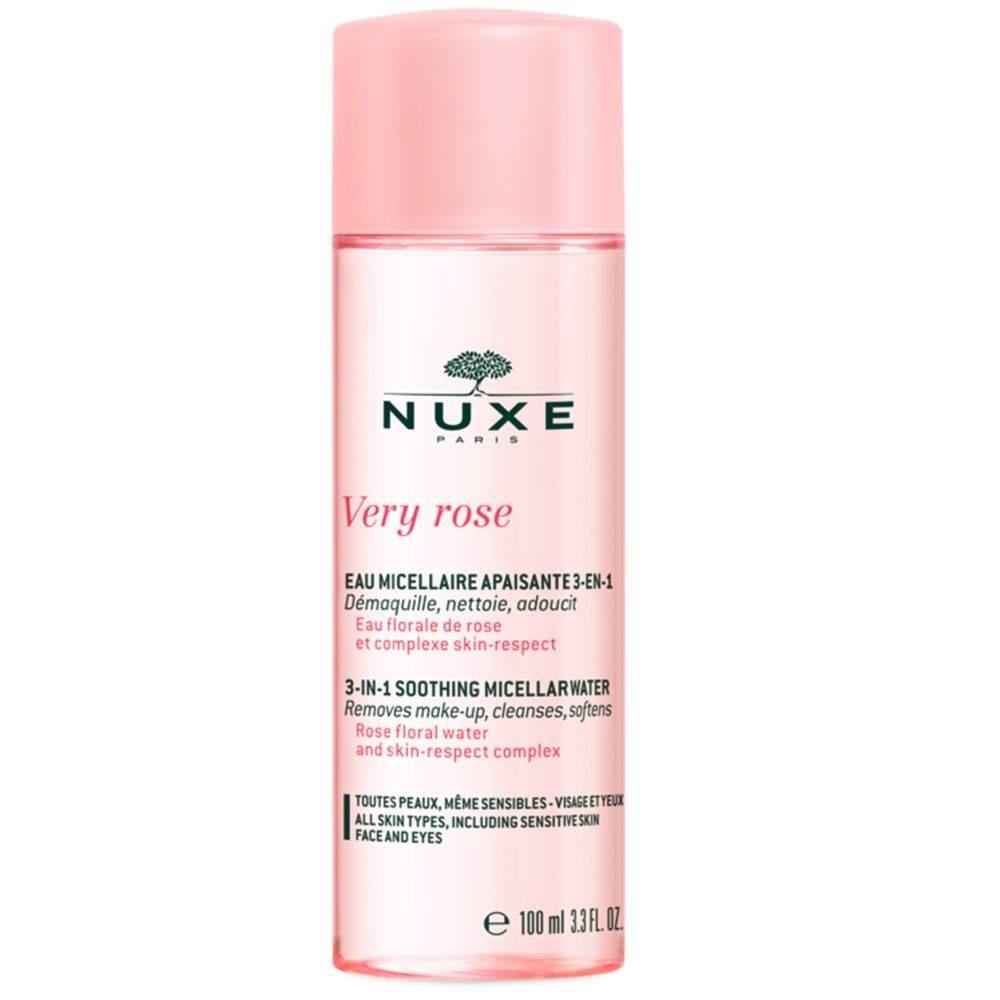 Rosafarbene Flasche mit rosa Verschluss. Aufschrift: NUXE Very Rose. Produktbezeichnung und Beschreibung auf Französisch und Englisch.