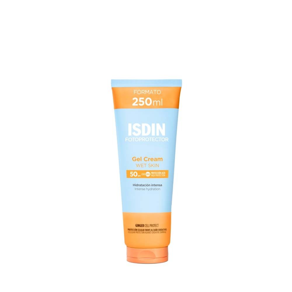 Tube ISDIN Fotoprotector Gel Cream LSF 50+. Orange et bleu clair. Texte: 250ml, Gel Cream, Wet Skin, Hydratation intense.