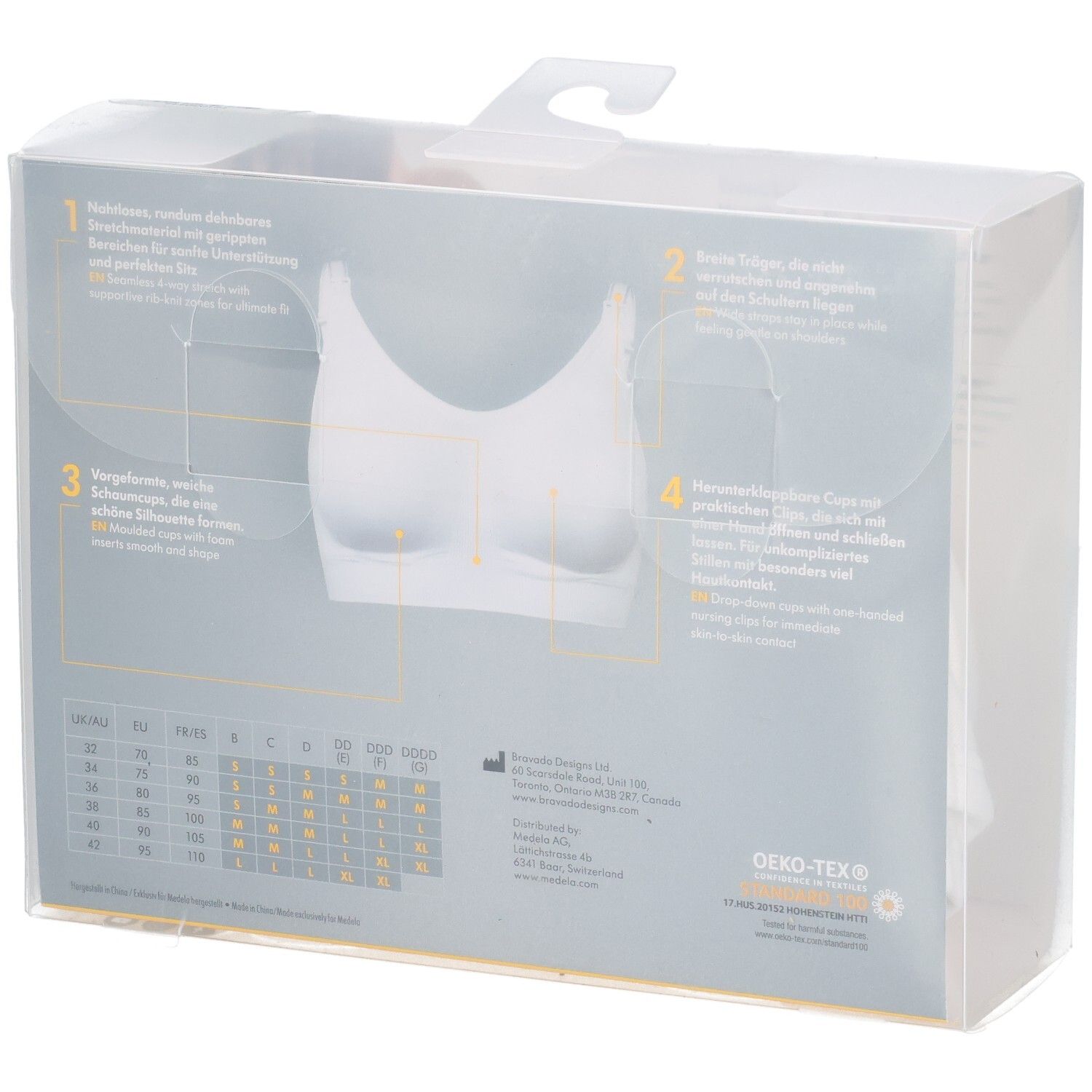 Arrière de l'emballage du soutien-gorge Medela avec tableau des tailles et caractéristiques.