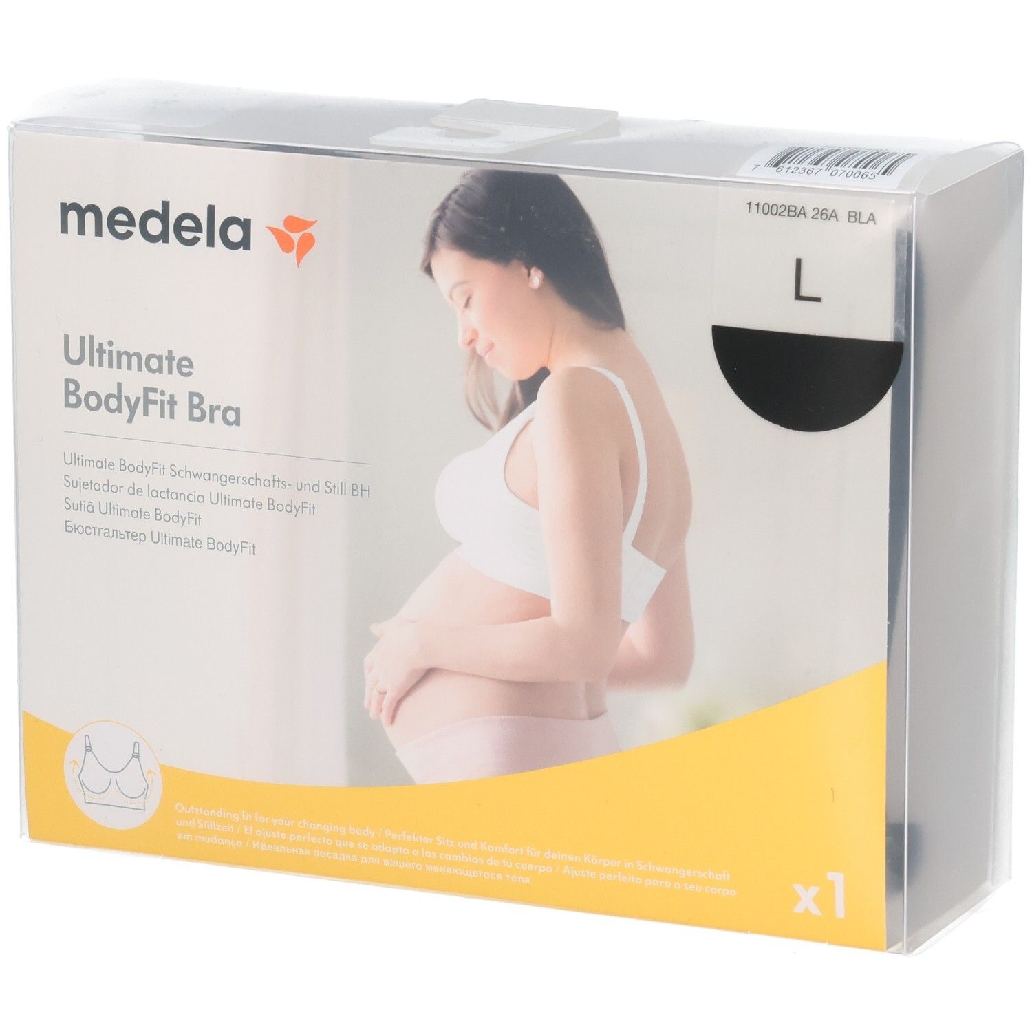 Medela Ultimate BodyFit BH, Größe L, schwarz. Verpackung zeigt schwangere Frau.