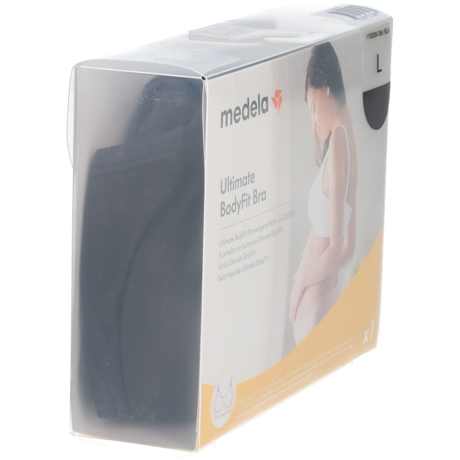 Medela Ultimate BodyFit Bra, Größe L, schwarz, in transparenter Verpackung.