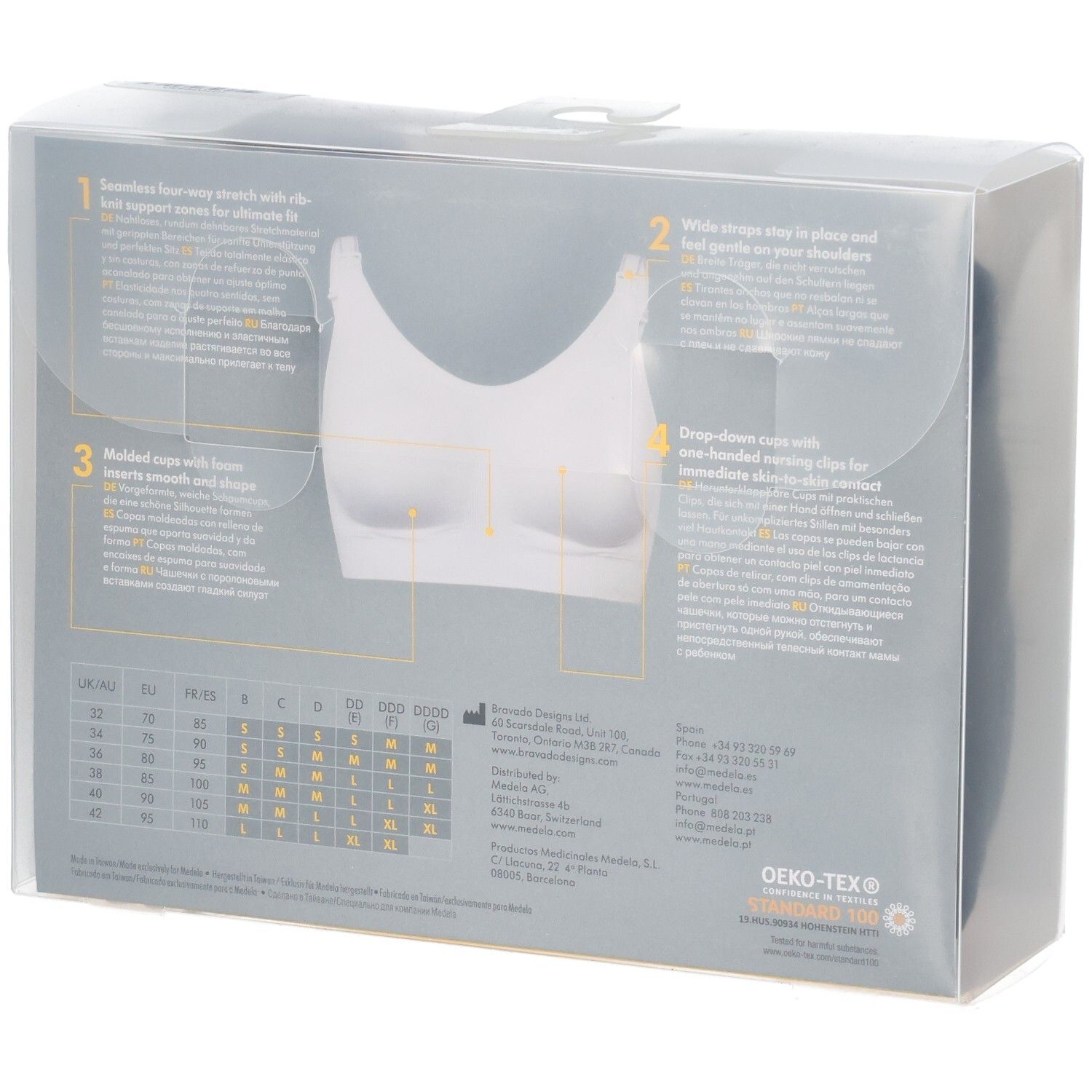 Weißer Still-BH in transparenter Verpackung mit Größenangaben und Produktmerkmalen.